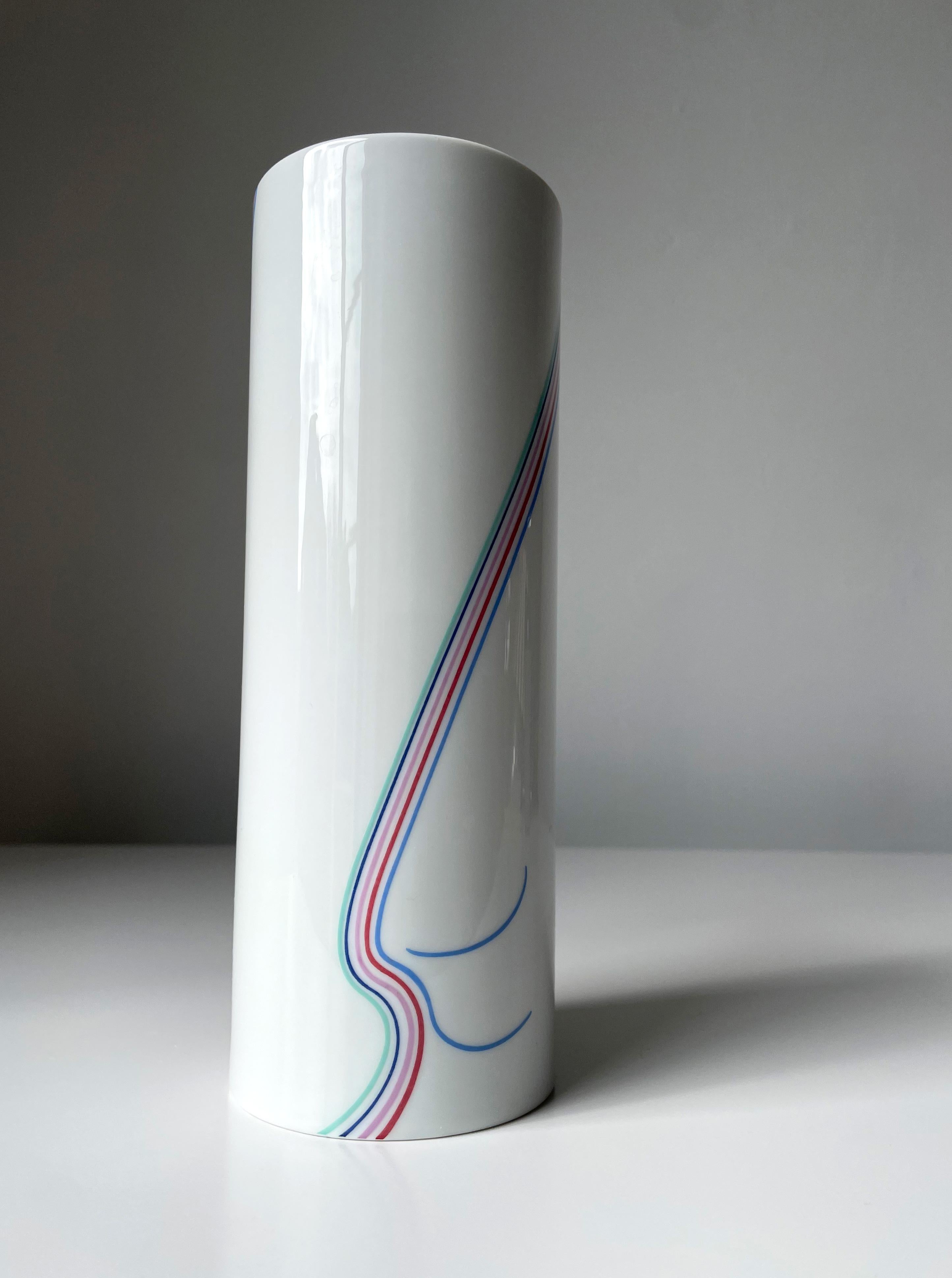 Scandinavian Modern Bertil Vallien for Rörstrand Rainbow Porcelain Cylinder Vase, 1980s For Sale