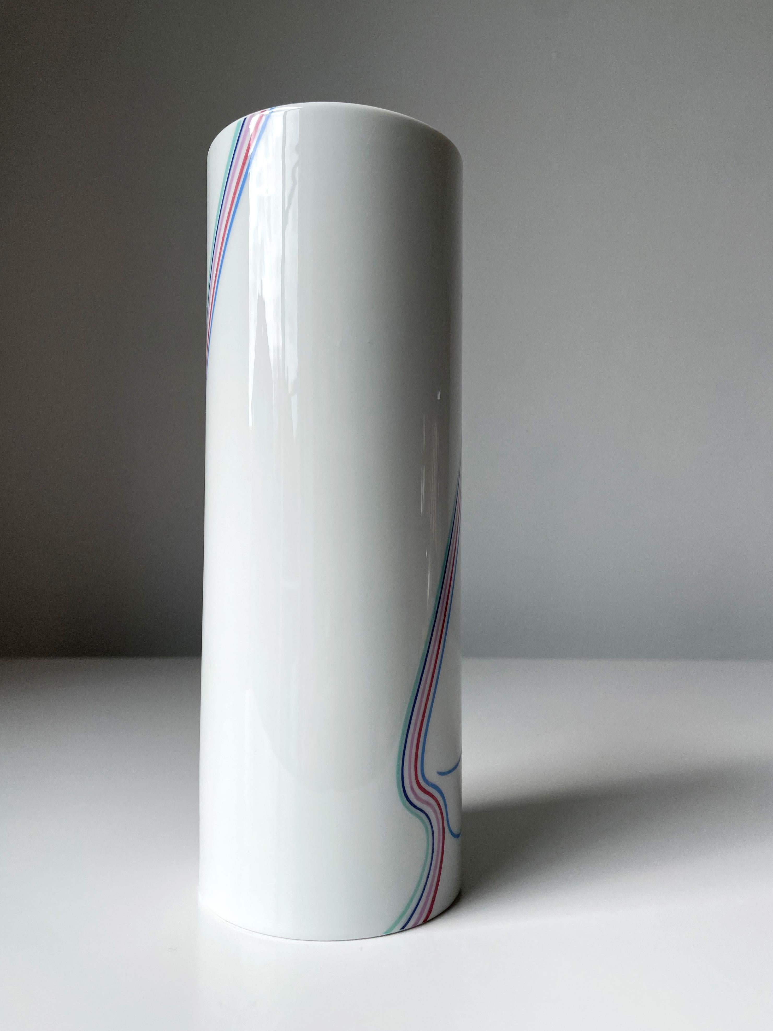 Swedish Bertil Vallien for Rörstrand Rainbow Porcelain Cylinder Vase, 1980s For Sale