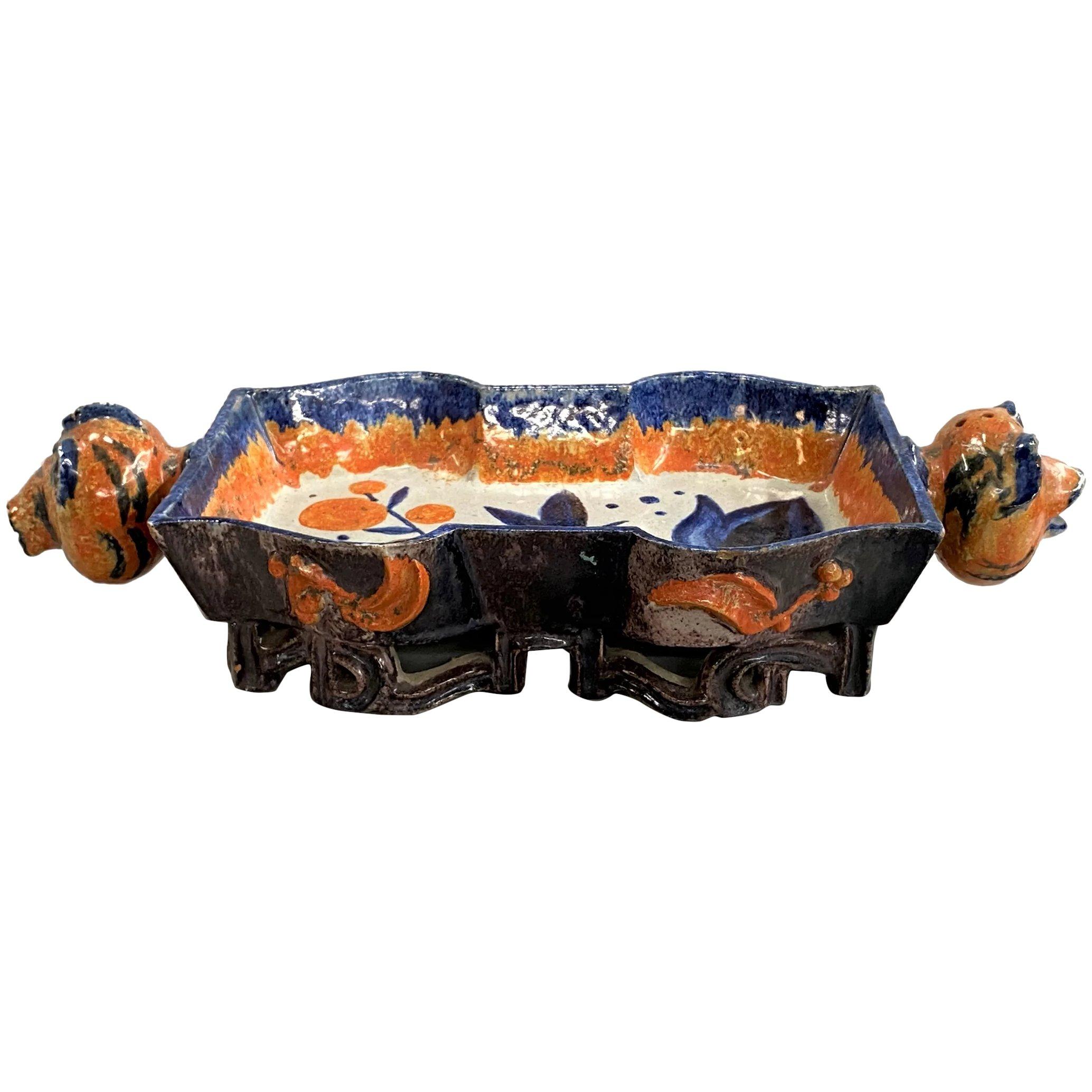 Polychrome Ceramic Centerpiece with Animal Head Handles - Art by Vally Wieselthier