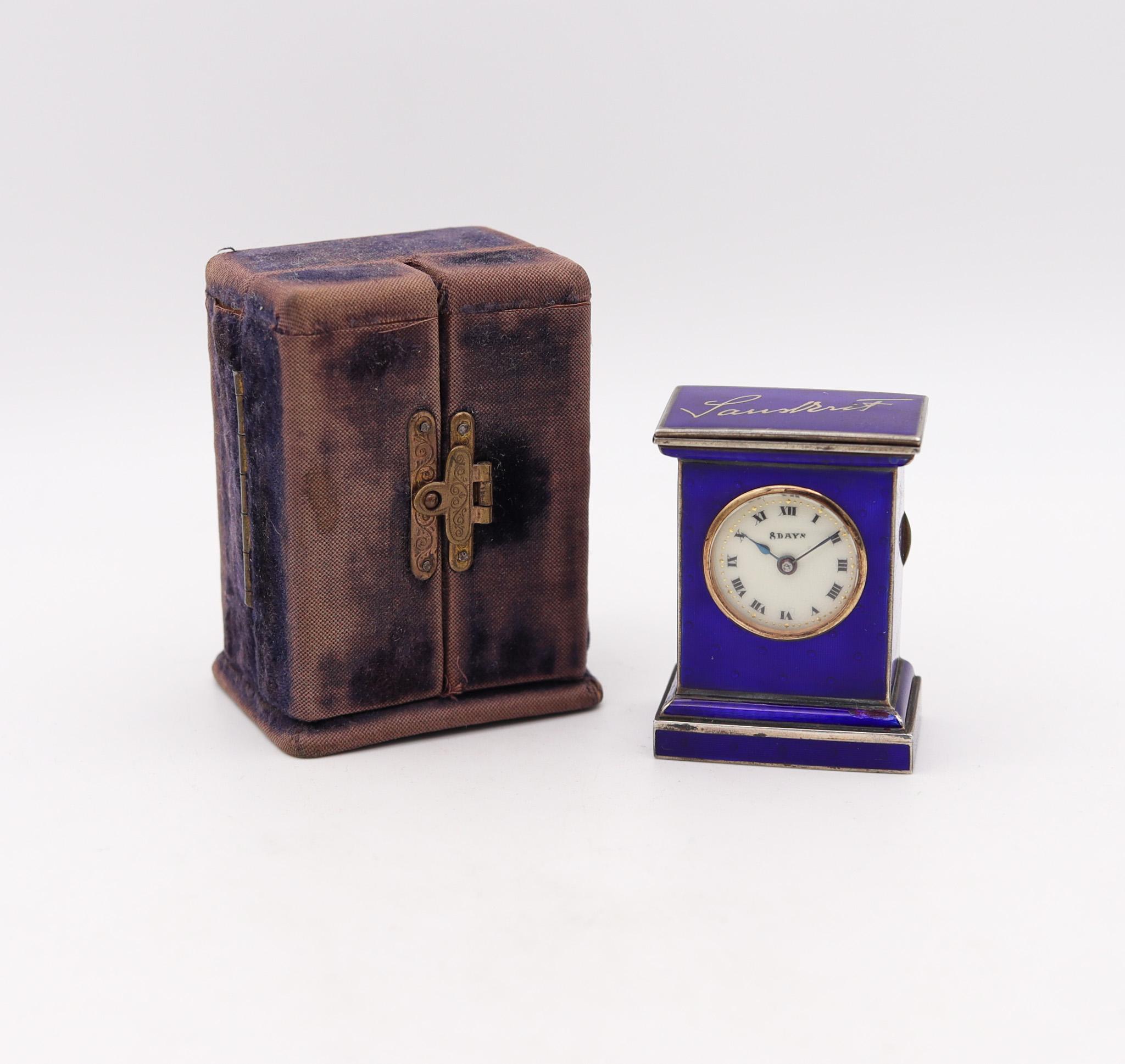A miniature travel clock designed by Valmé.

Stunning miniature travel-carriage clock, made in Geneva Switzerland by the Valmé Swiss Co. This little antique clock is exceptional, created during the art deco period, back in the 1920. It was crafted