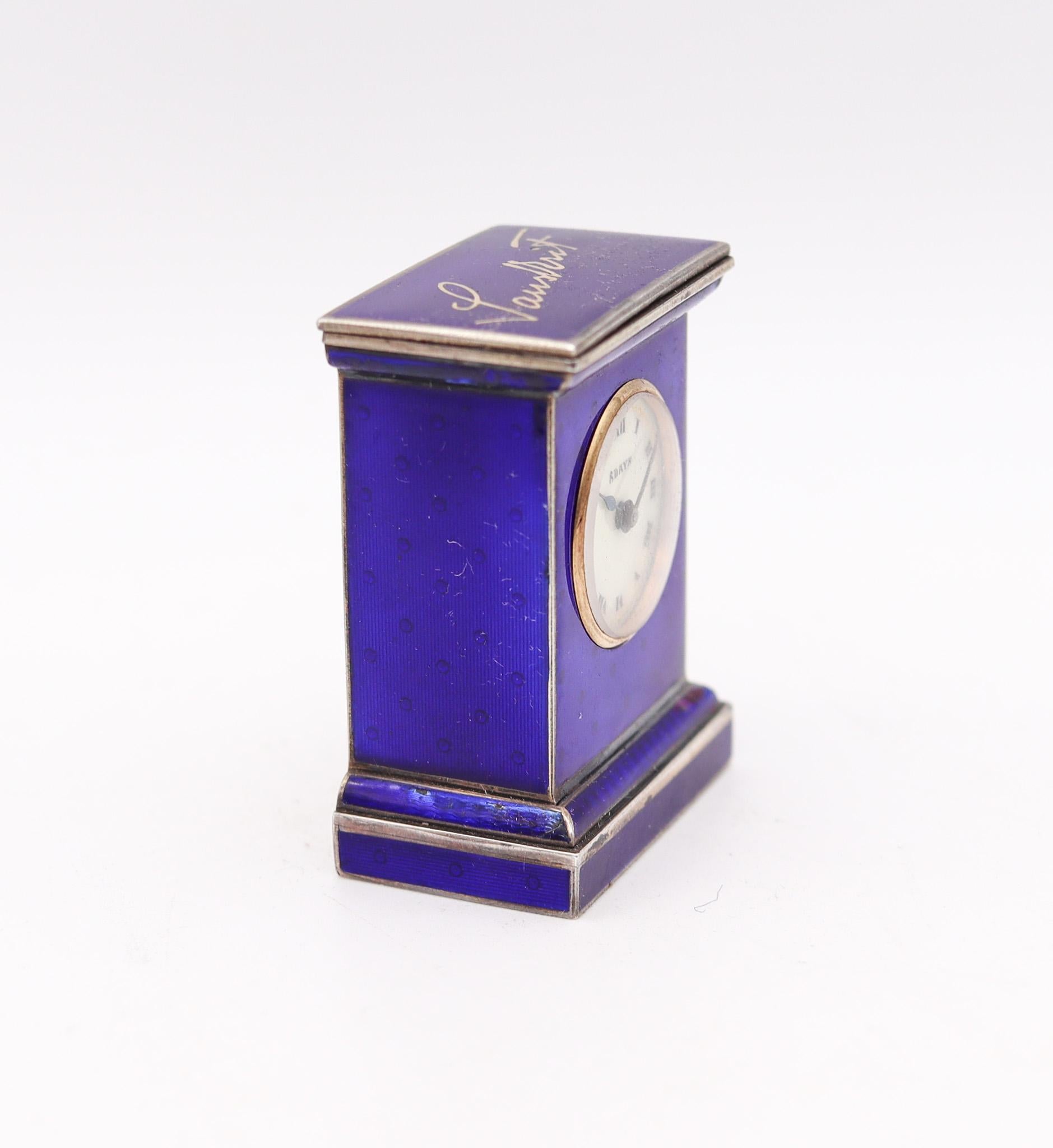 Art Deco Valme 1920 Miniature Travel Clock With Guilloché Enamel In Sterling With Box For Sale