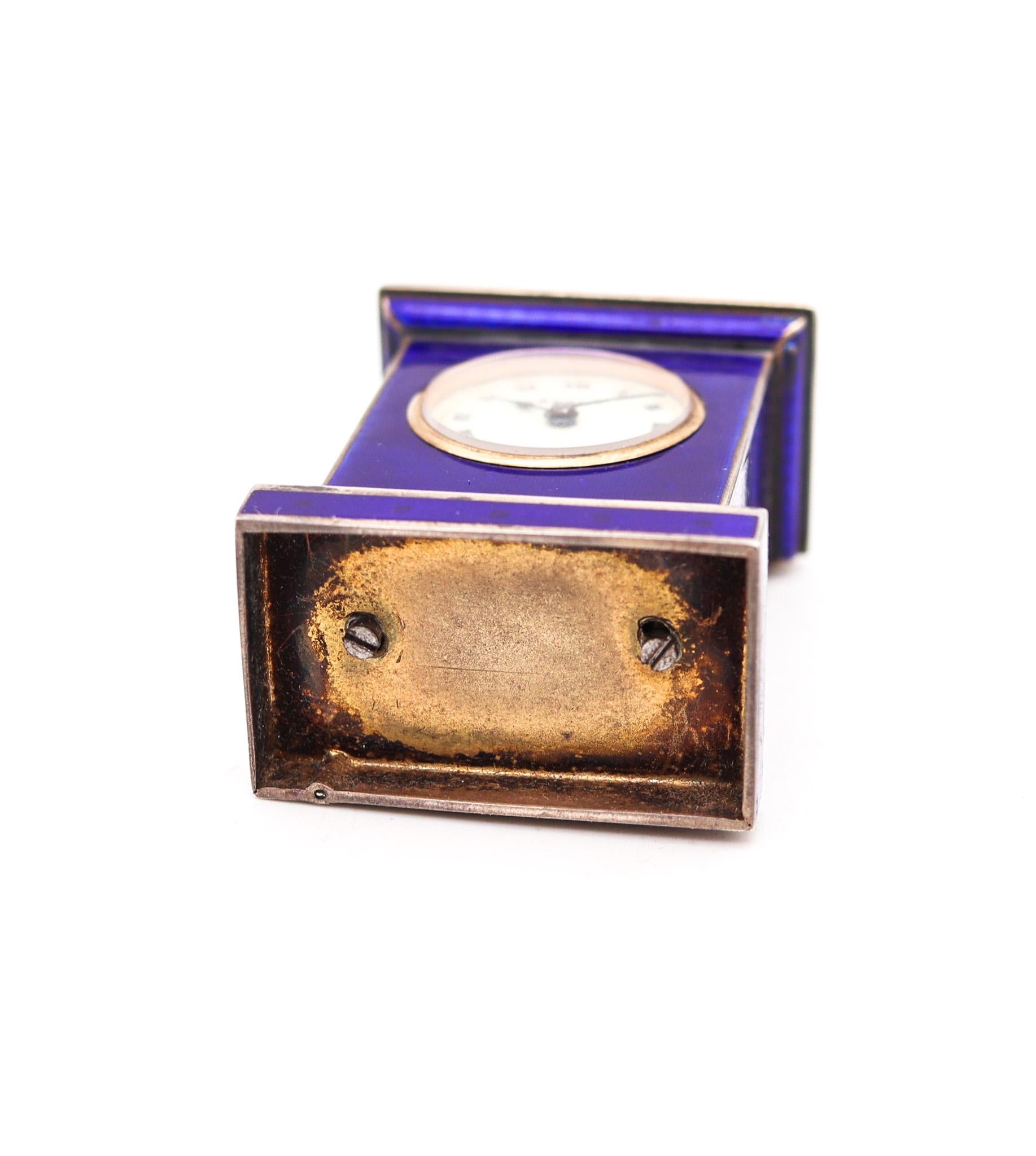 Early 20th Century Valme 1920 Miniature Travel Clock With Guilloché Enamel In Sterling With Box For Sale