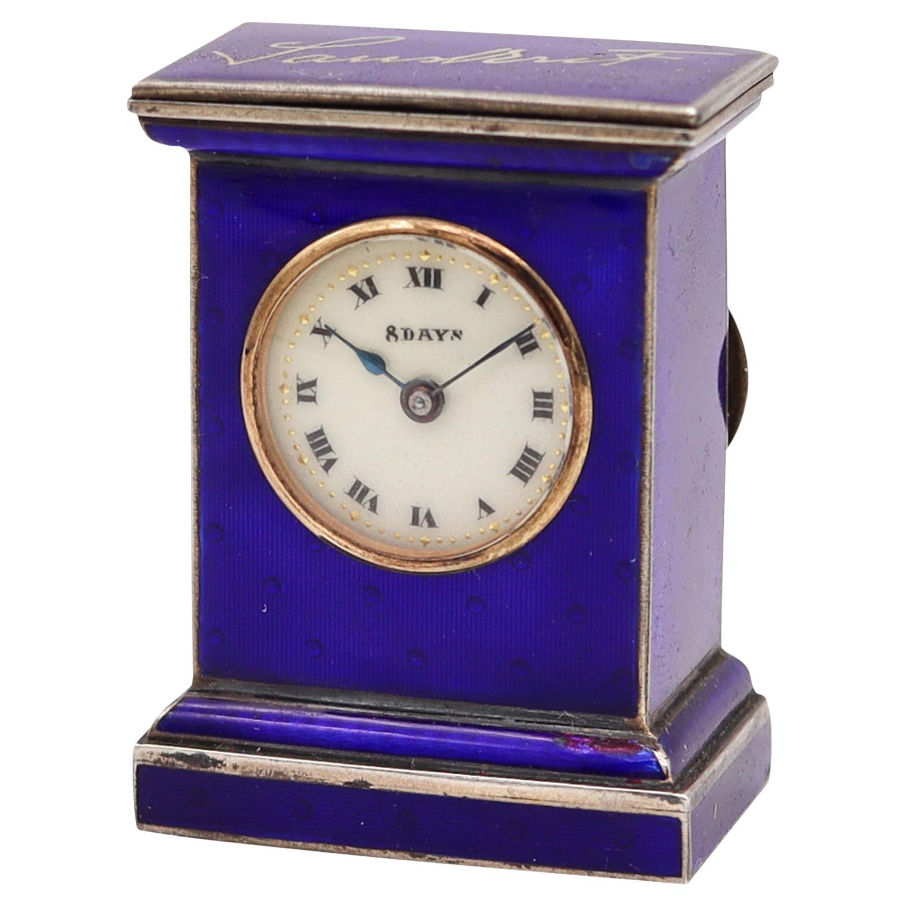 Valme 1920 Miniature Travel Clock With Guilloché Enamel In Sterling With Box For Sale