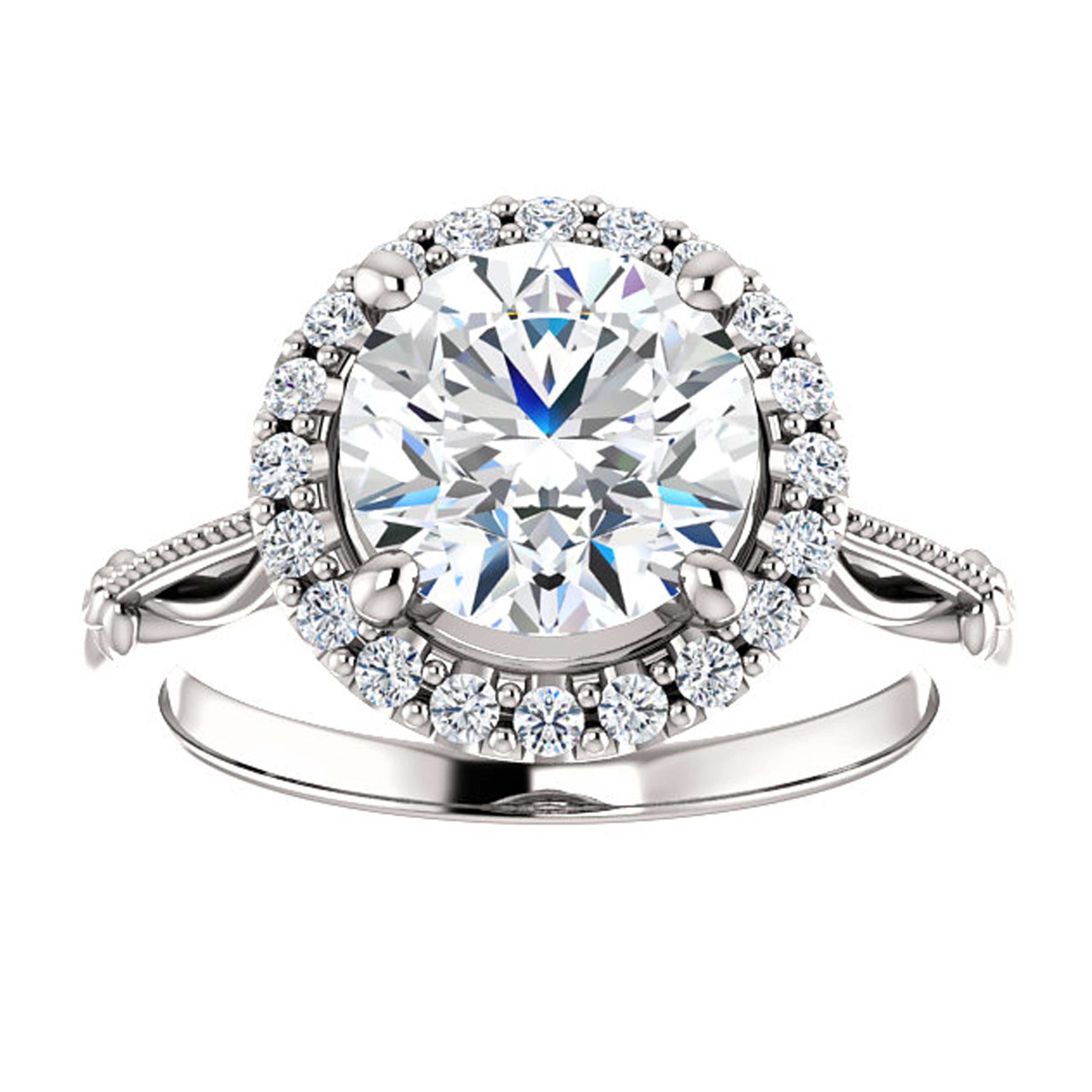 Round Cut Adorable Filigree Halo Style Diamond Accented GIA Certified Engagement Ring For Sale