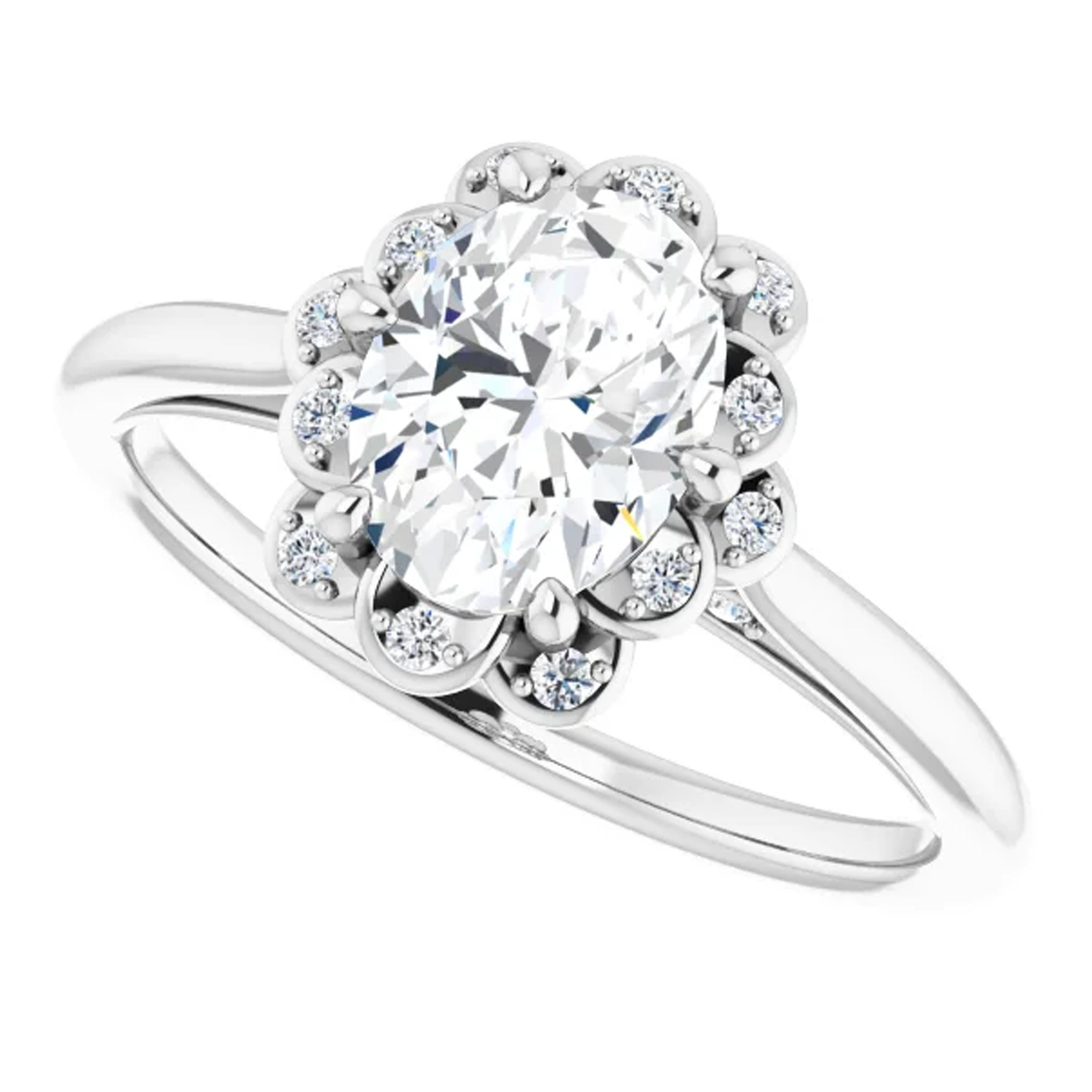 Contemporary Valorenna Floral Halo Oval Diamond Accented GIA Certified Engagement Ring For Sale