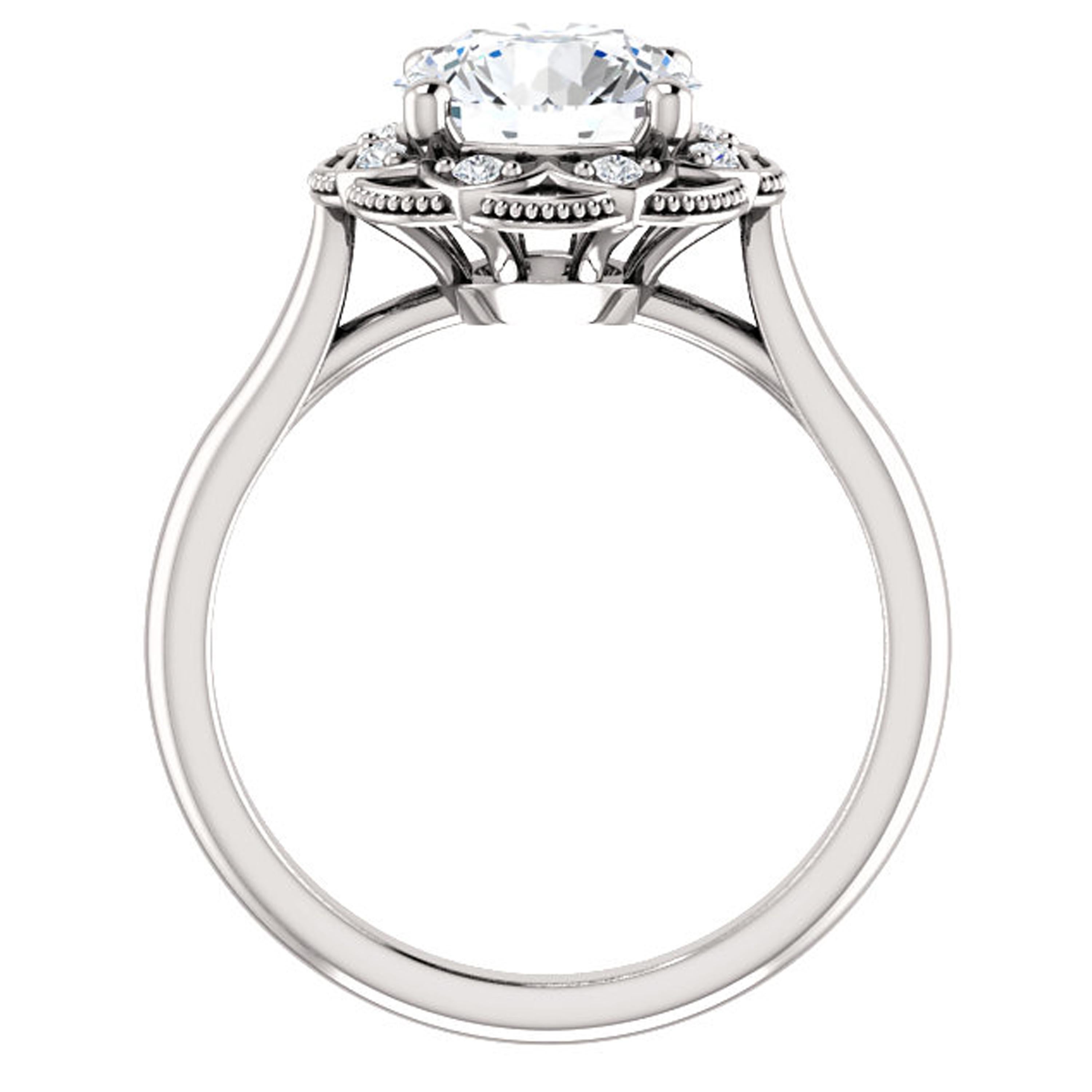 A scalloped halo of shimmering diamonds adorns this vintage inspired engagement ring. Sparkling diamonds dance around the center stone.

Center Stone:
1 Round-cut Natural Diamond
Diamond Weight: 0.75 Carat
Diamond Color: K
Diamond Clarity: I1
Cut
