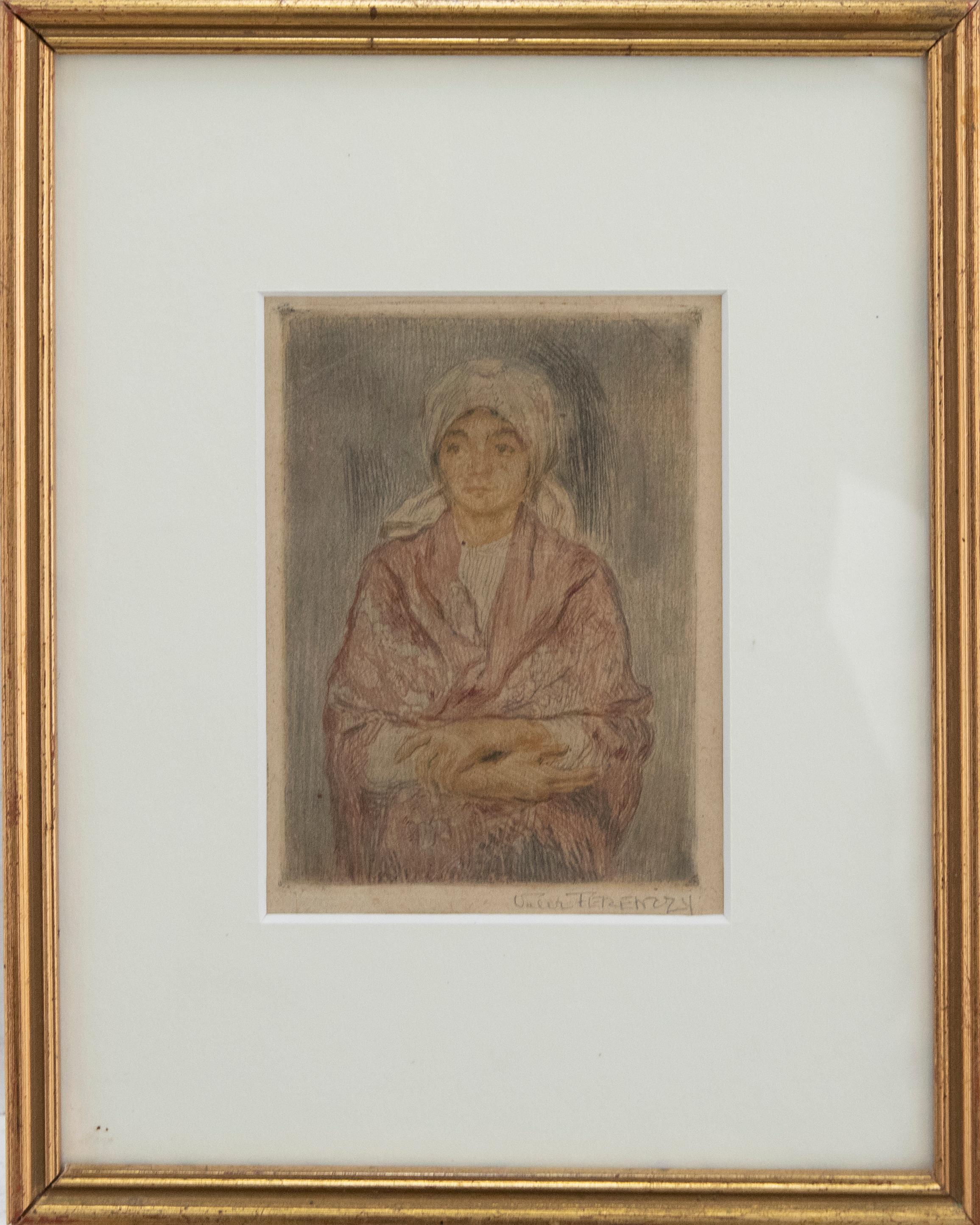 A charming coloured etching of a European lady, wearing a white headscarf and pink shawl. The sitter stands with her arms folded, gazing to left with a subdued smile. The artist's etched line brings texture to the print and is prominent part of the