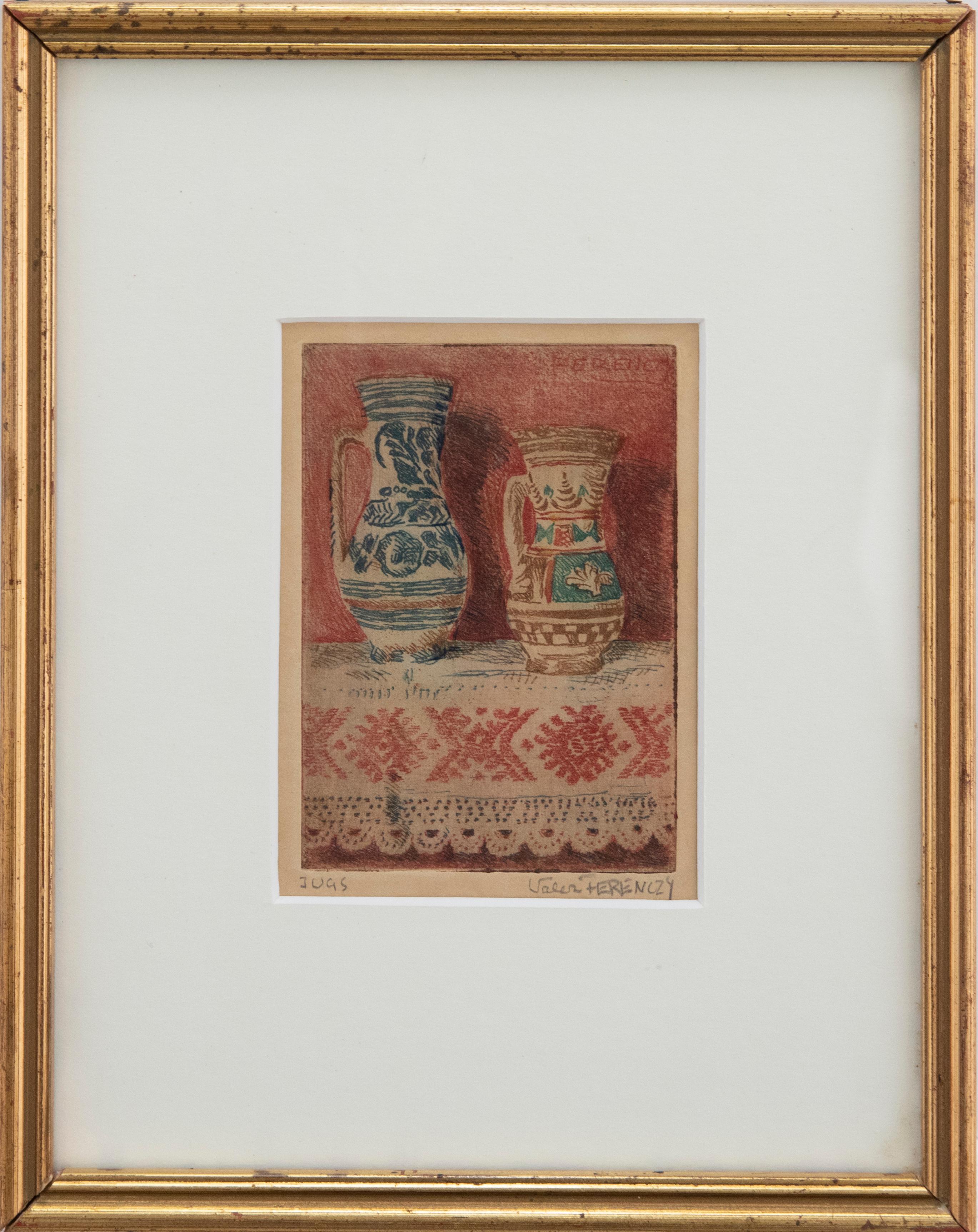 A charming coloured etching of two decorative jugs, placed upon a delicate tablecloth. Both textile and ceramic objects have been elegantly depicted with exquisite surface pattern and detail. Signed by the artist in plate (upper right corner) and to