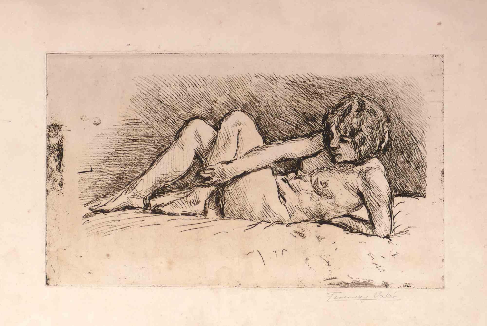 Reclined Nude is an  etching and drypoint on ivory-colored paper realized by Valér Ferenczy in the 1930s.

Hand-signed by pencil on the lower right.

Good conditions with foxing and consumed margin of the paper which do not affect the central