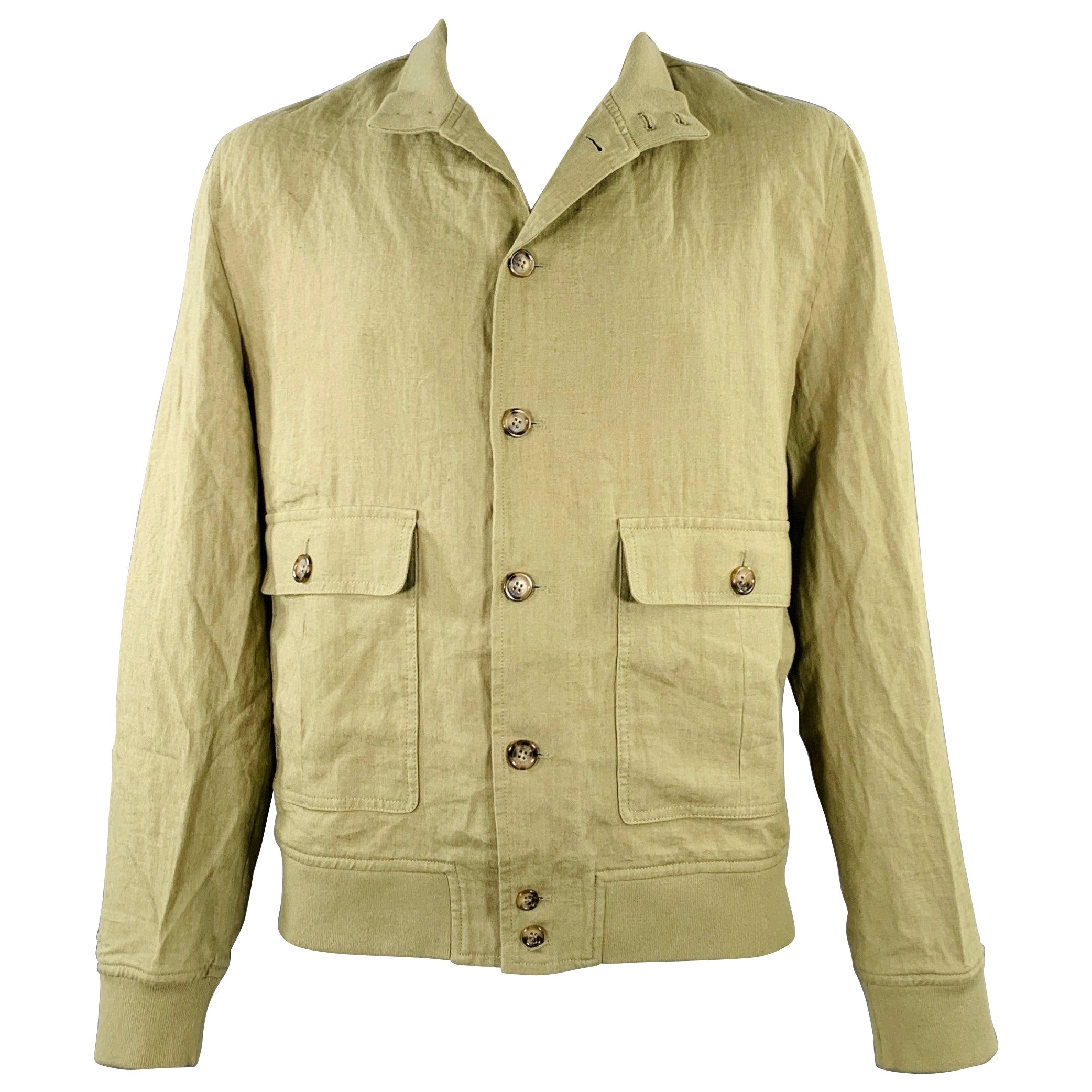 VALSTAR Size 46 Valstarino Green Olive Linen Bomber Jacket