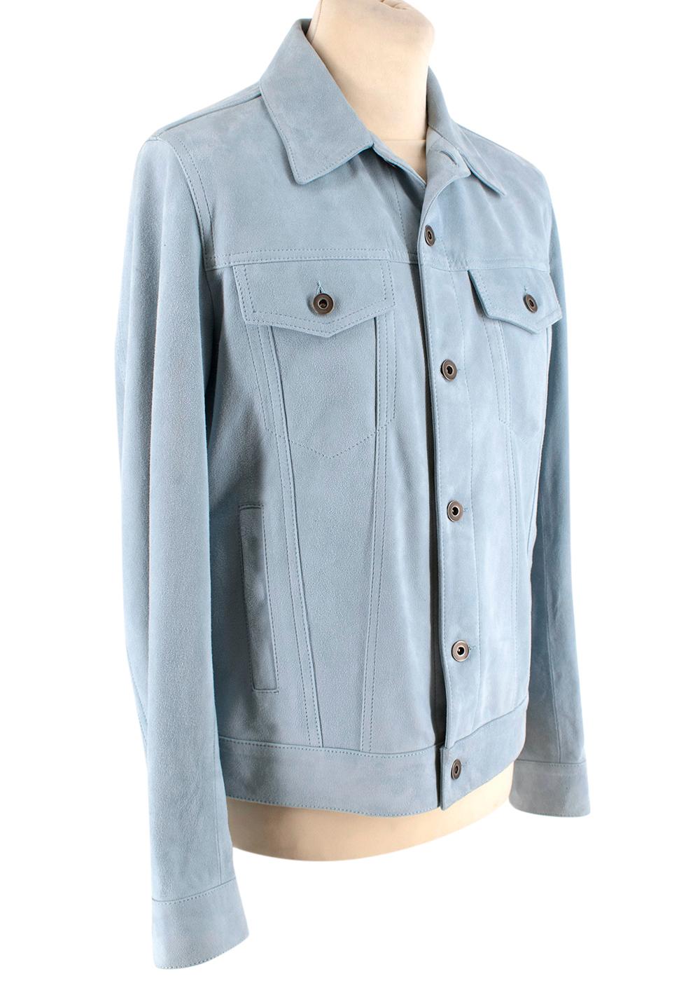Valstar Sky Blue Suede Unlined Trucker Jacket 

Featuring buttoned cuffs, adjustable waist tabs, two chest flap pockets, two front welt pockets and an internal pocket.

- Made of soft suede 
- Beautiful blue hue 
- Classic cut 
- Versatile timeless
