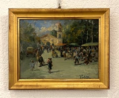 Impressionist Market Square Oil Painting, Mid-20th Century, Framed