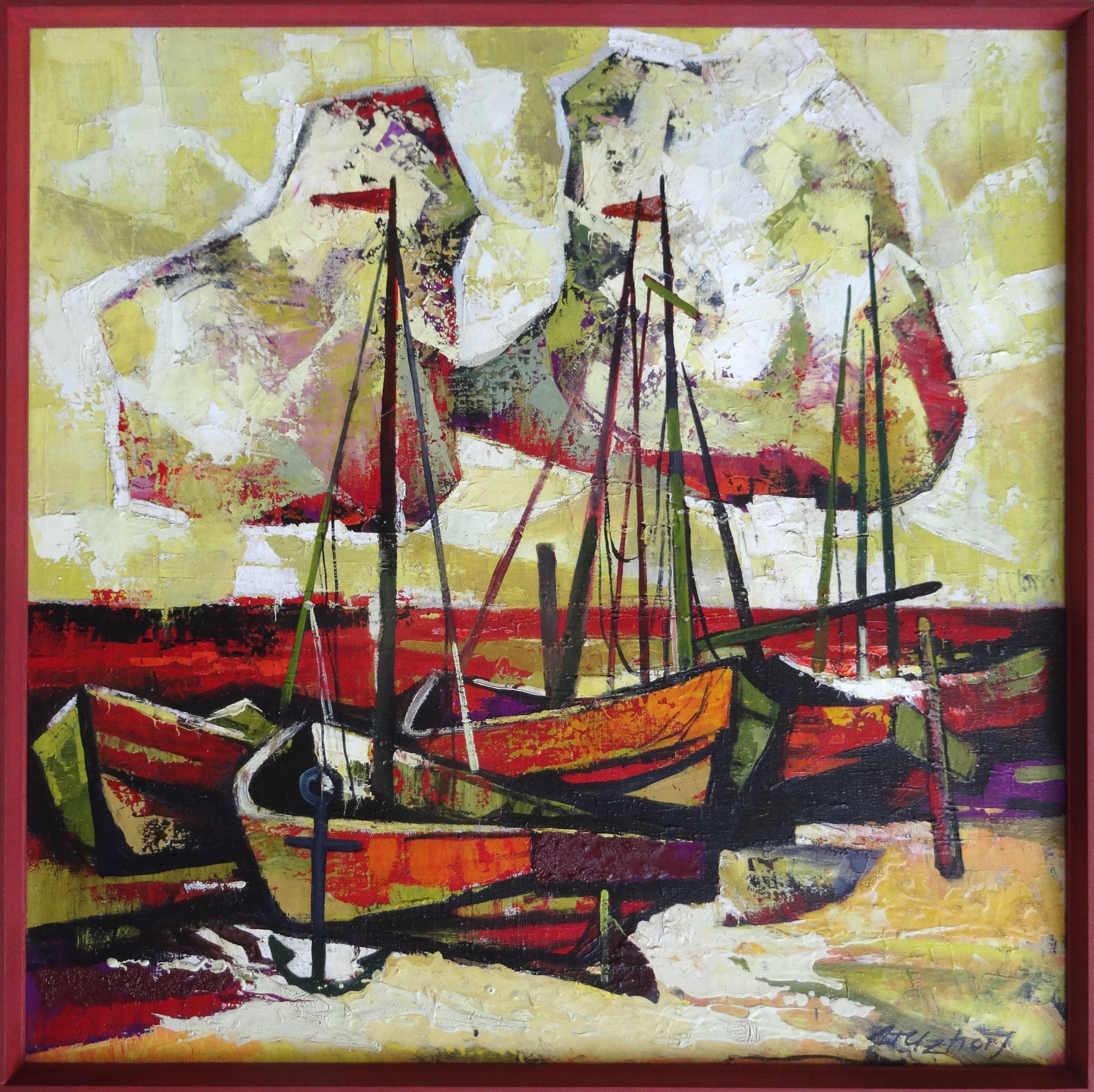Barche. 1980. Tela, olio, 70x70 cm - Painting di Valters Uzticis 