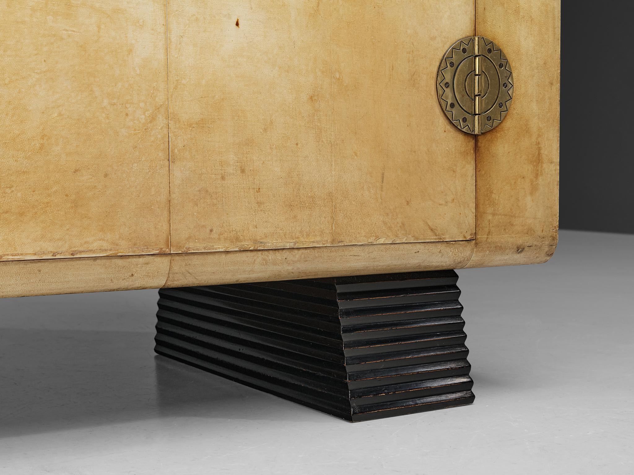 Mid-Century Modern Valzania Grand Armoire in Parchment and Brass