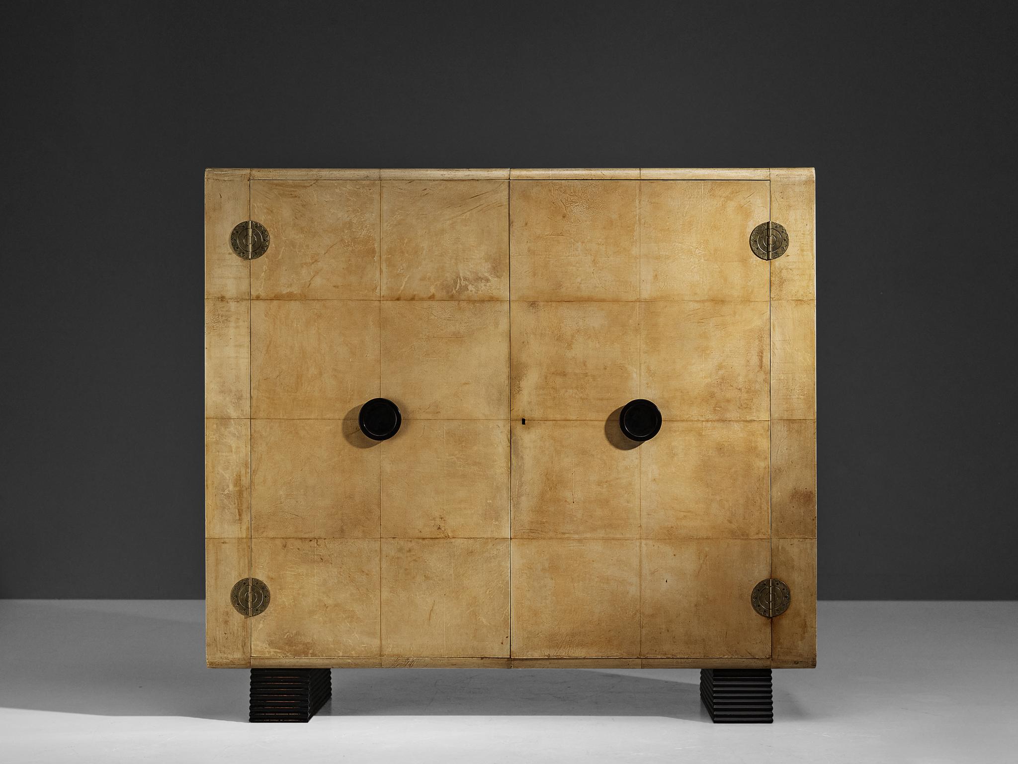 Italian Valzania Grand Armoire in Parchment and Brass