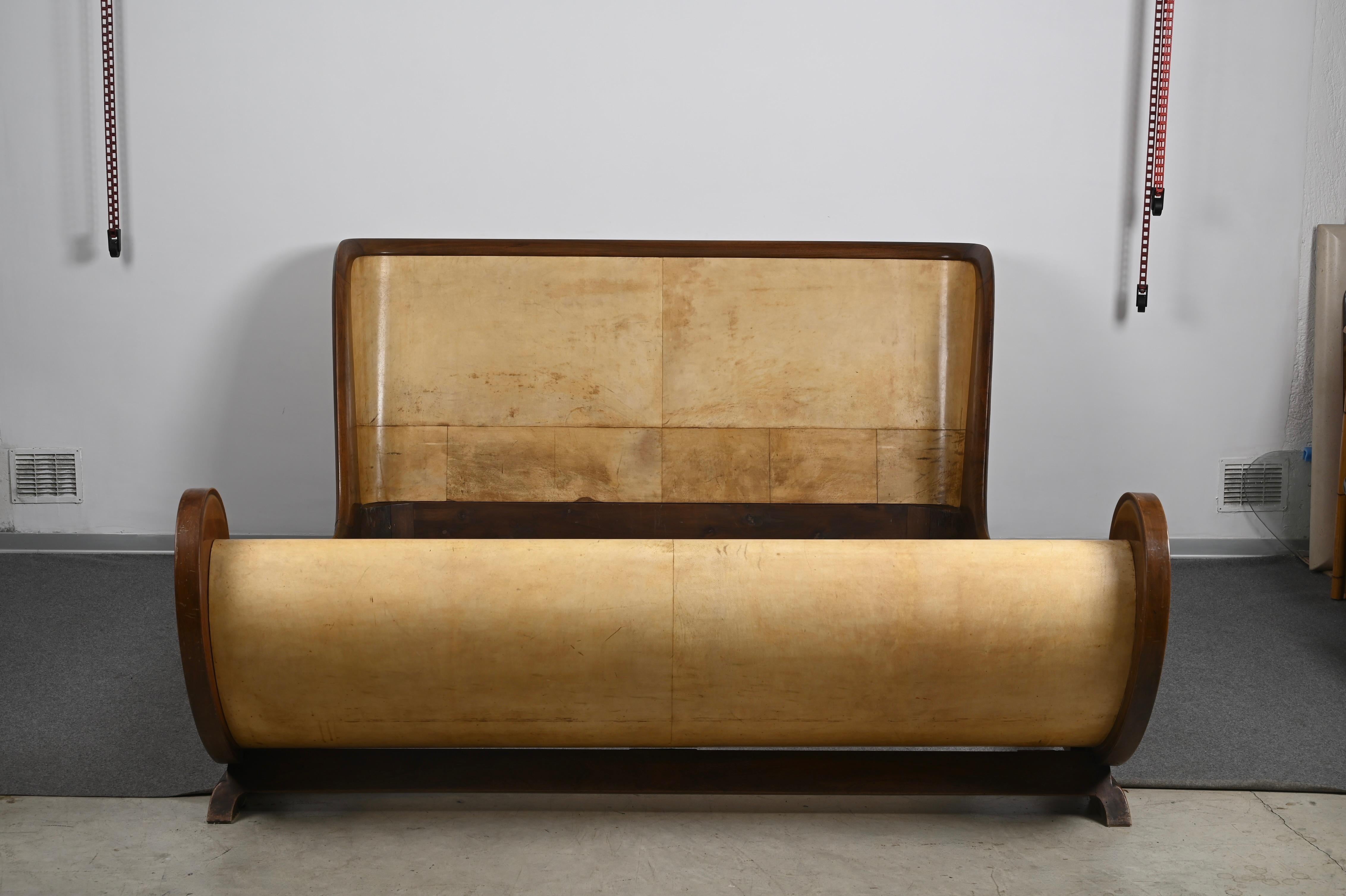 Valzania Italia Parchment and Wood Bed Attributed to Guglielmo Ulrich, 1930s 3
