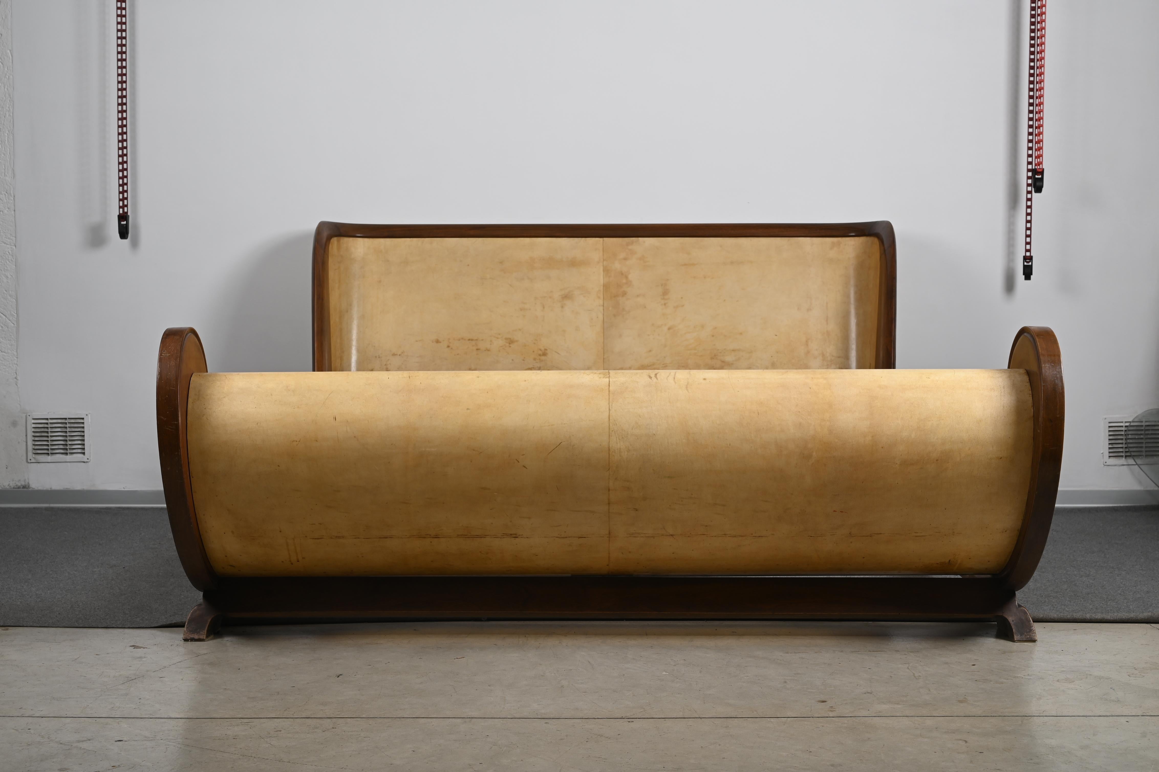 Art Deco Valzania Italia Parchment and Wood Bed Attributed to Guglielmo Ulrich, 1930s