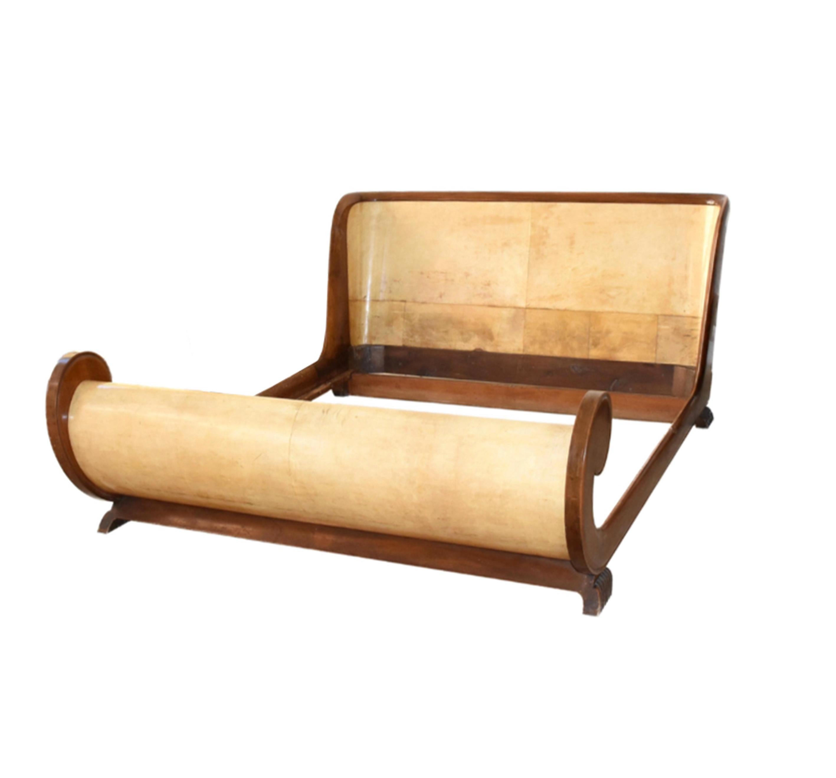 Valzania Italia Parchment and Wood Bed Attributed to Guglielmo Ulrich, 1930s 6