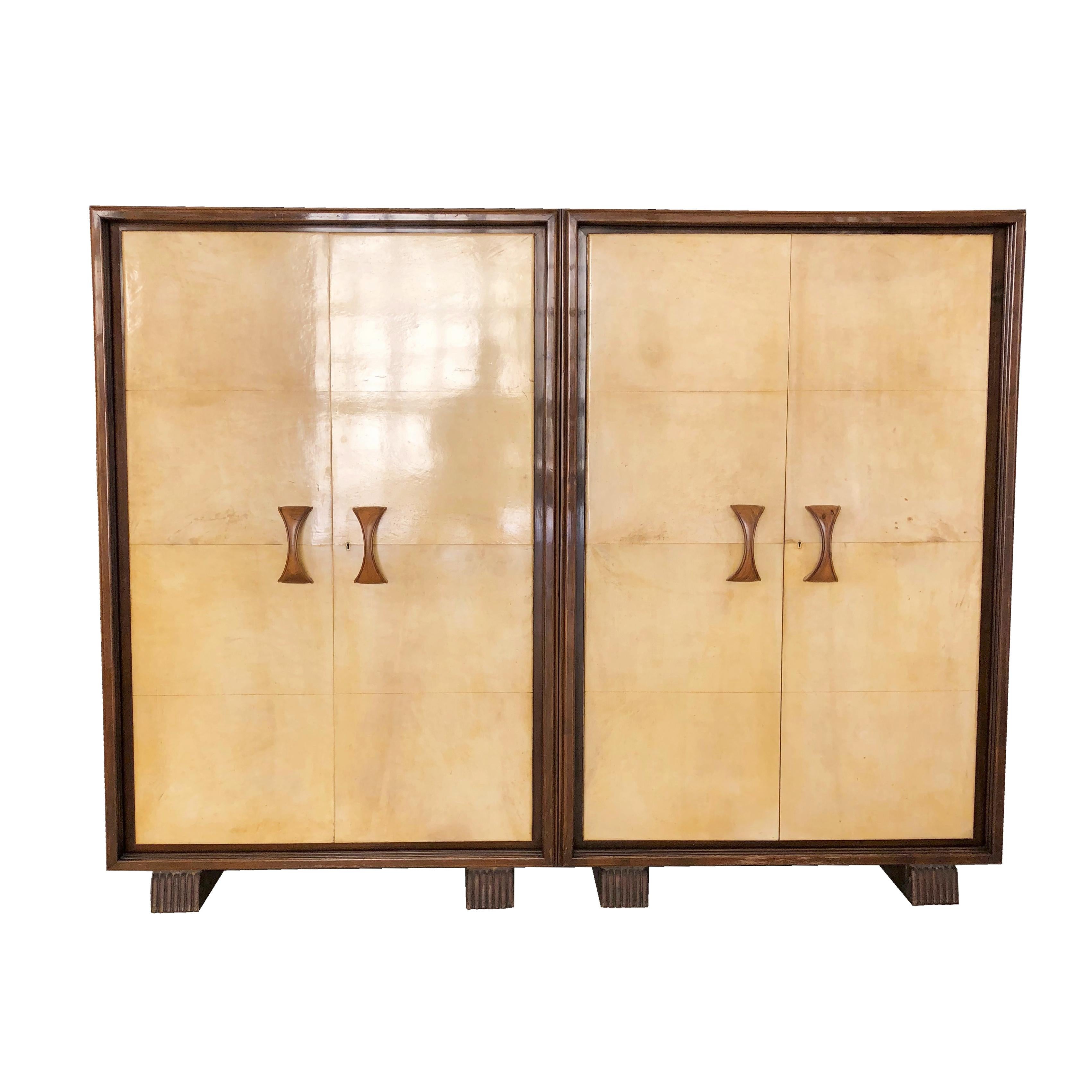 Valzania Signed Wardrobe Covered in Parchment Attributable Ulrich, Italy, 1930s