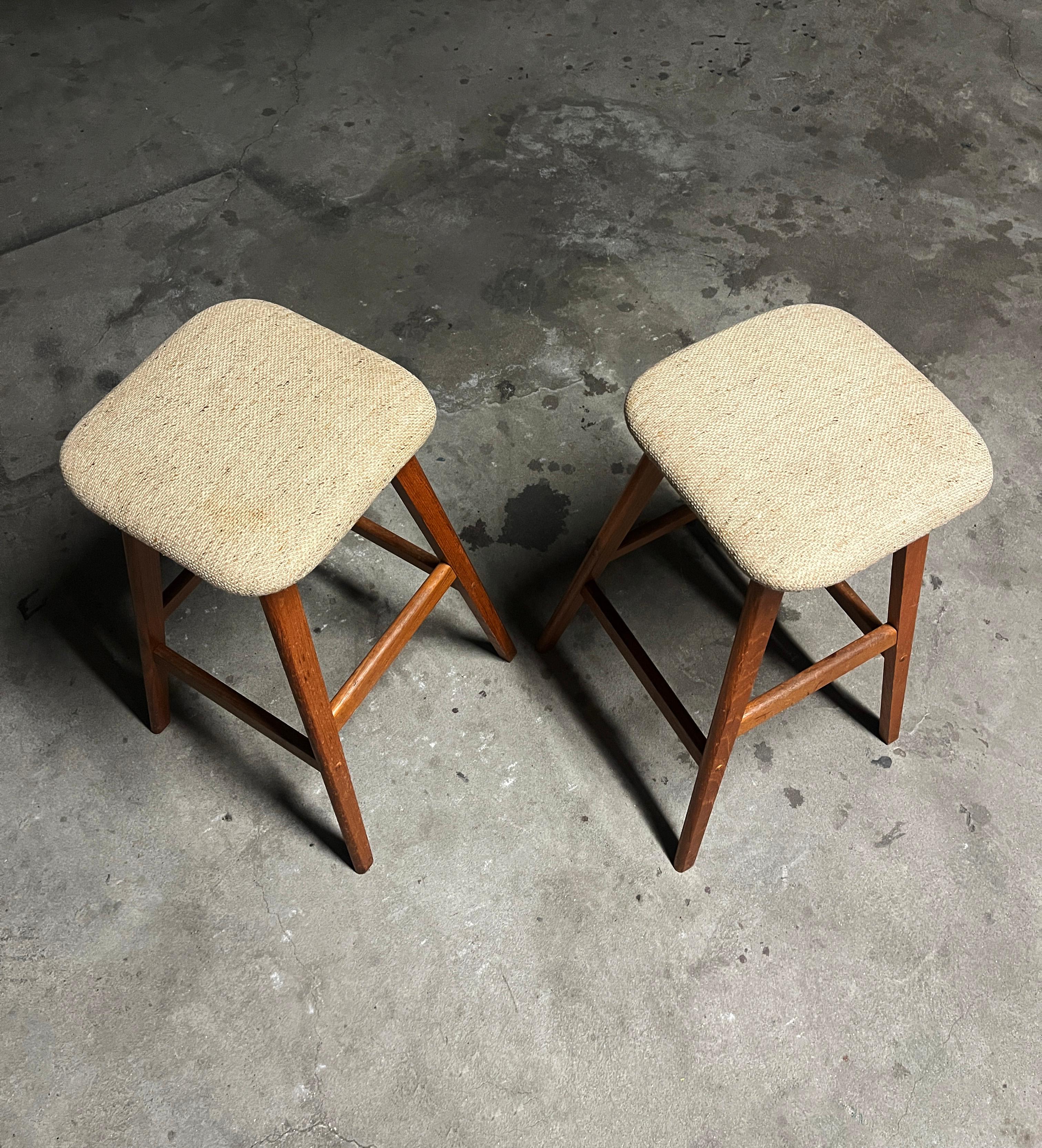 Vamdrup Stolefabrik Pair of Danish Bar Stools in Teak and wool 1960s (Signed) In Good Condition For Sale In Brooklyn, NY