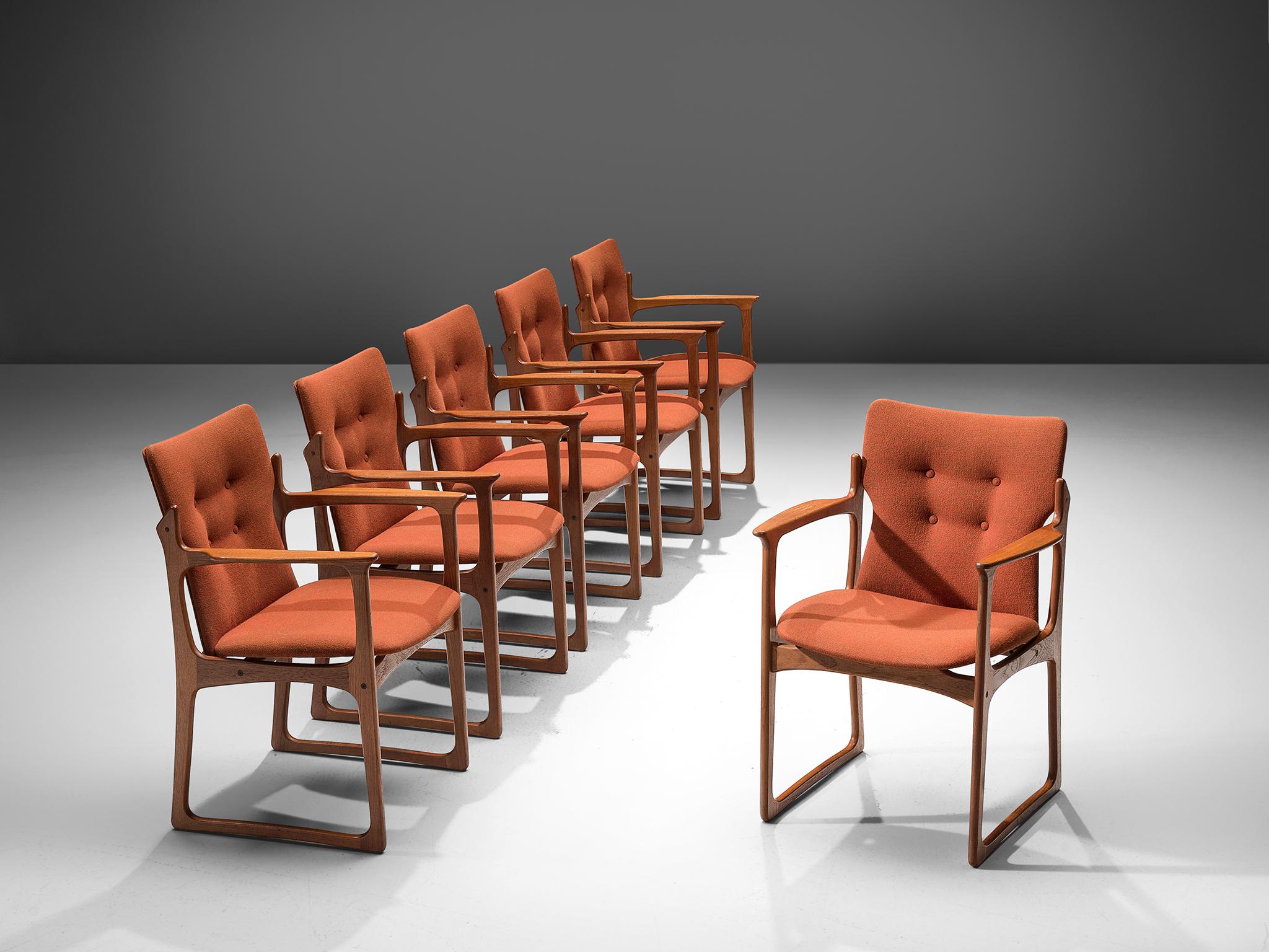 Vamdrup Stolefabrik, model 'VS 231', set of armchairs, teak and orange fabric, Denmark, 1960s. 

The armchairs with a solid teak frame, raise an attractive original orange upholstery seat. The frame shows subtle lines and beautiful curves of the