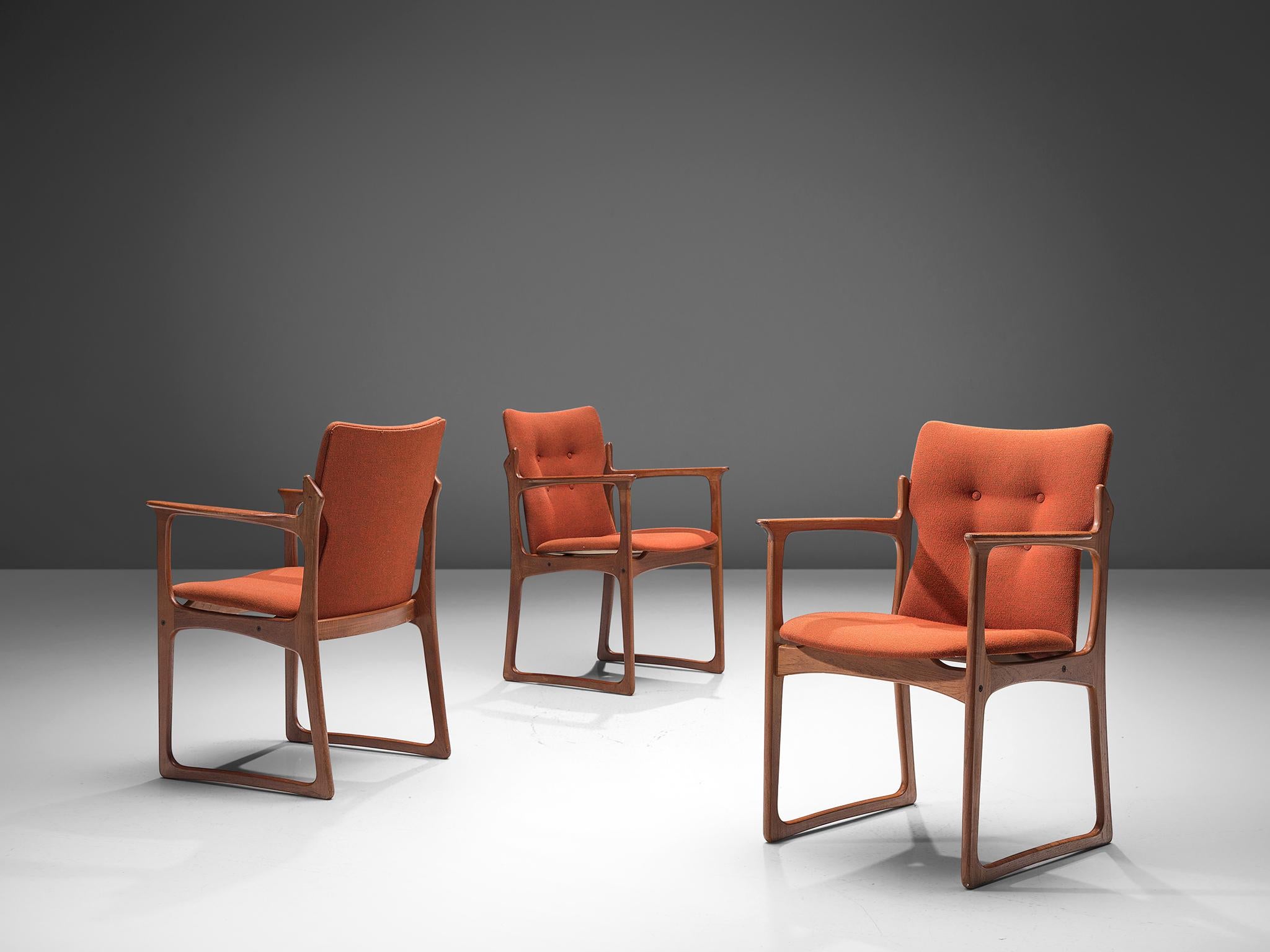 Scandinavian Modern Vamdrup Stolefabrik Set of Six Armchairs in Teak and Orange Upholstery