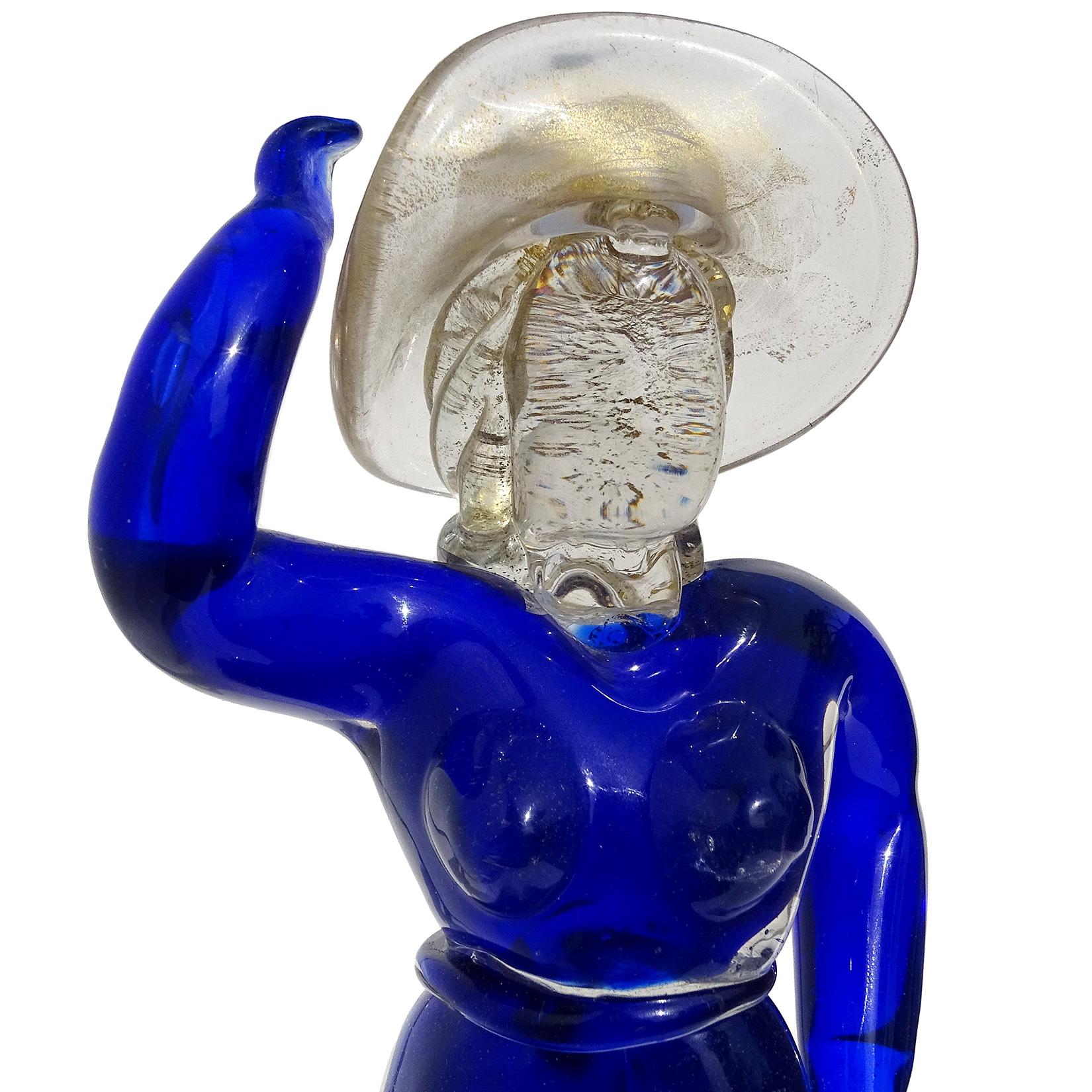 Mid-Century Modern Vamsa Barbini Murano Blue Gold Sun Hat Woman Italian Art Glass Figure Sculpture For Sale