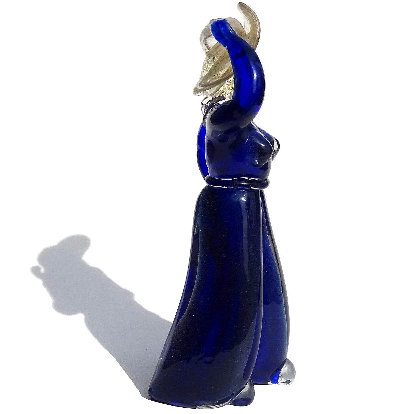 20th Century Vamsa Barbini Murano Blue Gold Sun Hat Woman Italian Art Glass Figure Sculpture For Sale