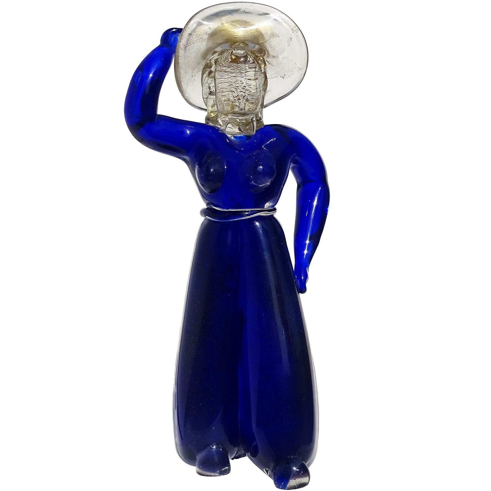 Vamsa Barbini Murano Blue Gold Sun Hat Woman Italian Art Glass Figure Sculpture en vente