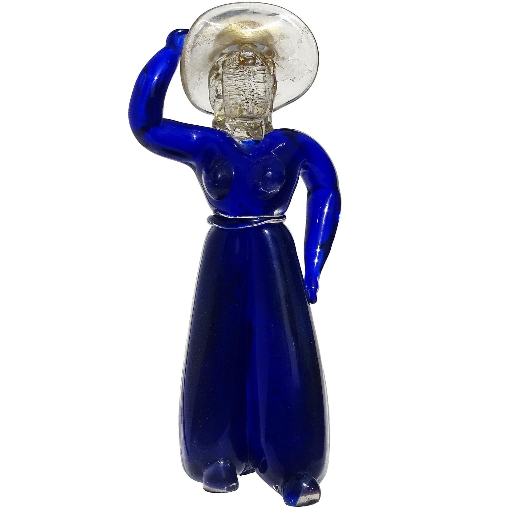 Vamsa Barbini Murano Azul Dorado Sombrero Mujer Arte Italiano Escultura de Cristal