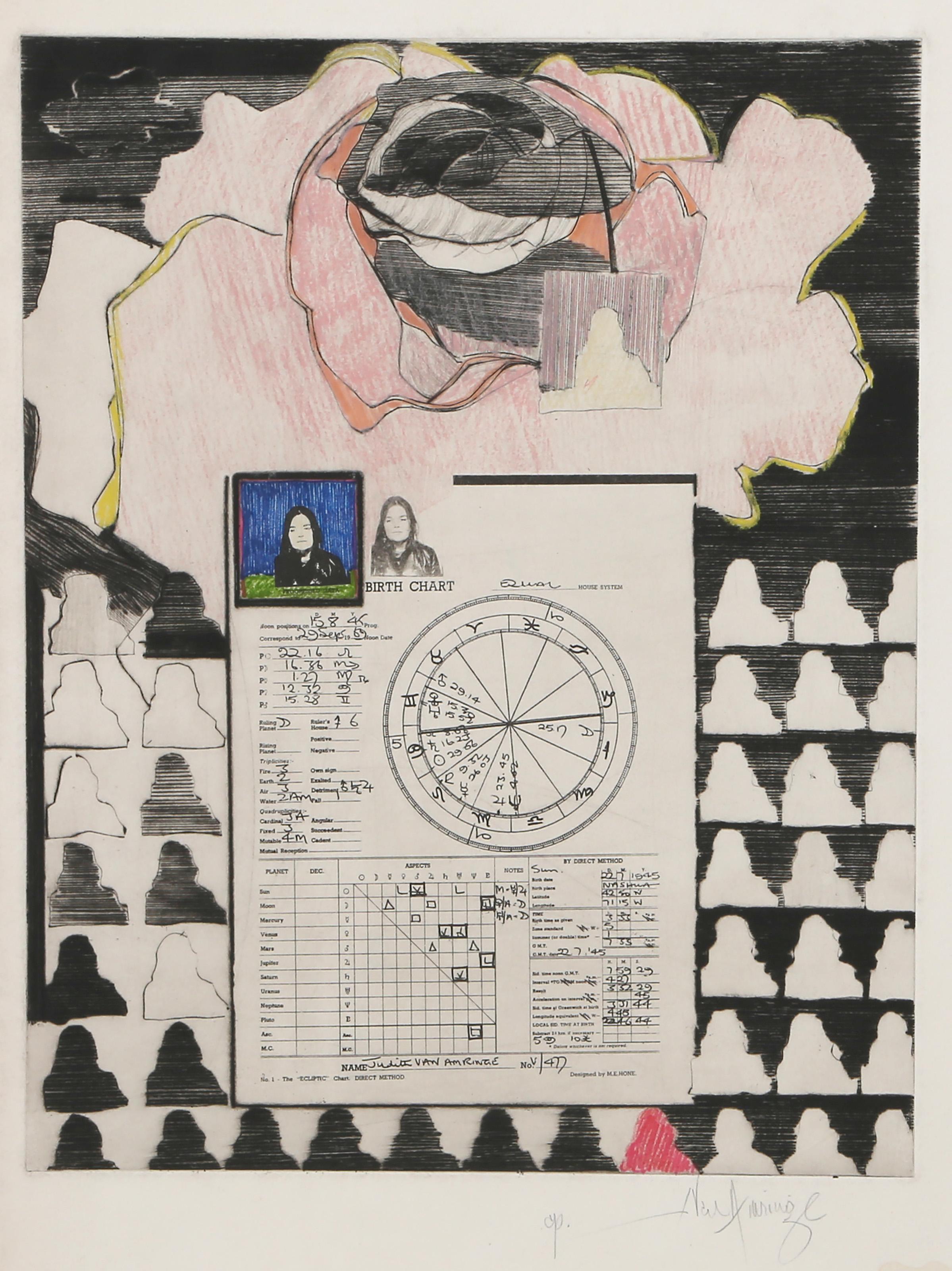 Van Amerige - Birth Chart, Medium:  Hand colored Etching on hand made paper, signed and numbered in pencil, Edition:  AP, Image Size:  14 x 11 inches, Size:  23 x 16 in. (58.42 x 40.64 cm) 