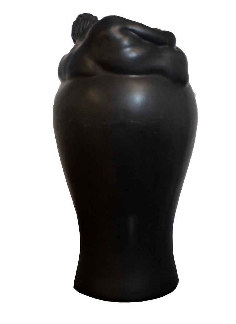 Van Briggel 1930/1940s Rare Black Ceramic Vase Female In Good Condition In Keego Harbor, MI