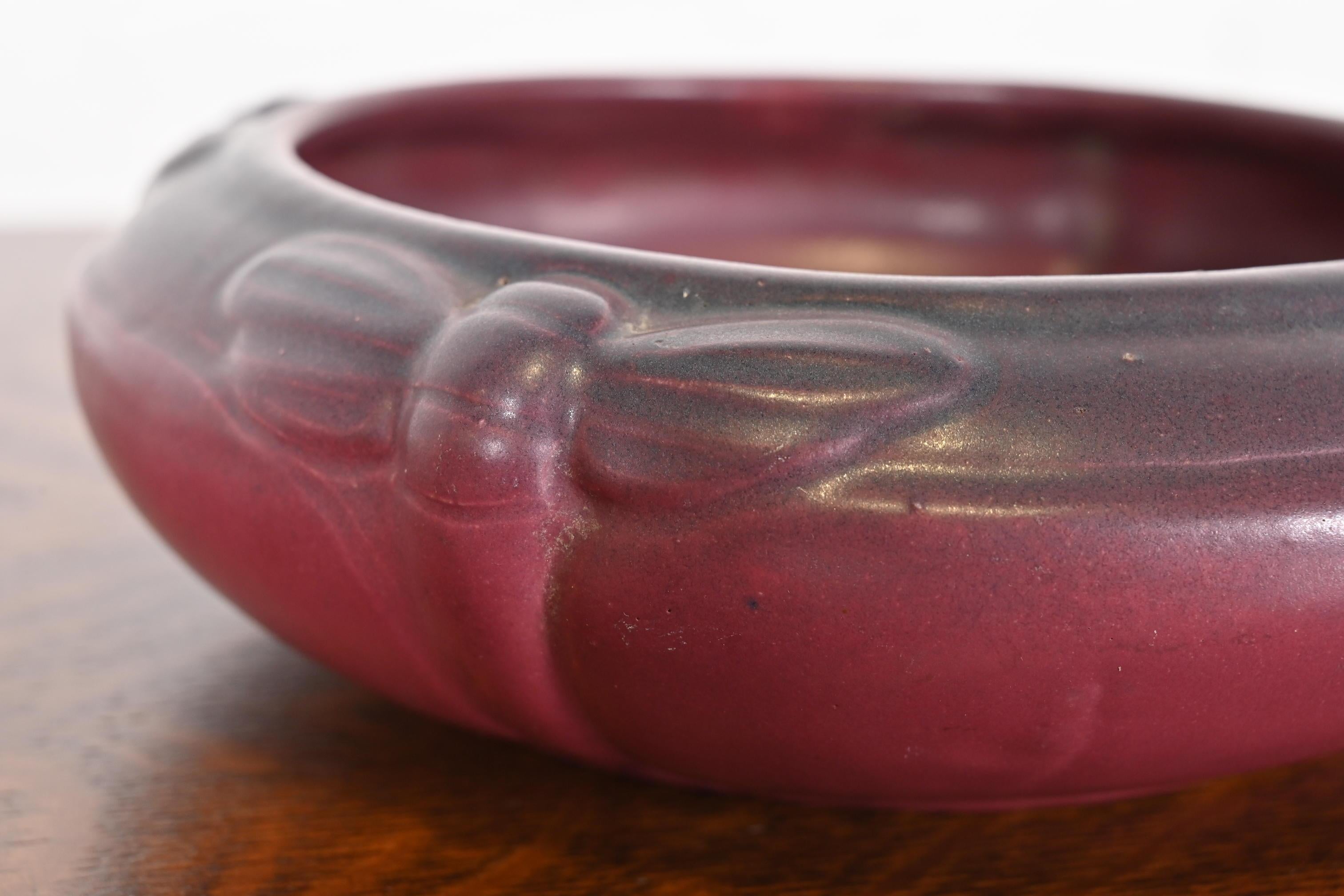 Van Briggle Antique Arts & Crafts Dragonfly Mulberry Glazed Ceramic Bowl For Sale 4