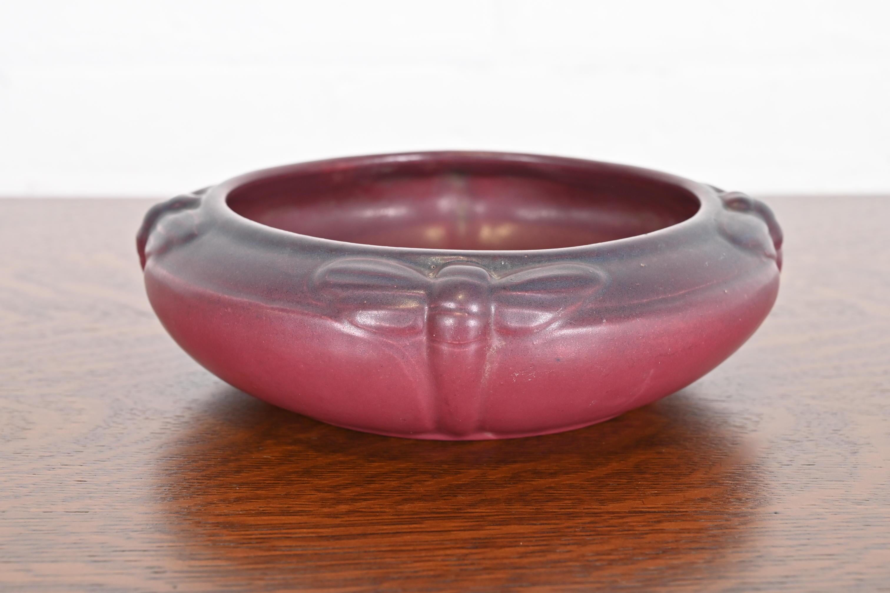 Arts and Crafts Van Briggle Antique Arts & Crafts Dragonfly Mulberry Glazed Ceramic Bowl For Sale