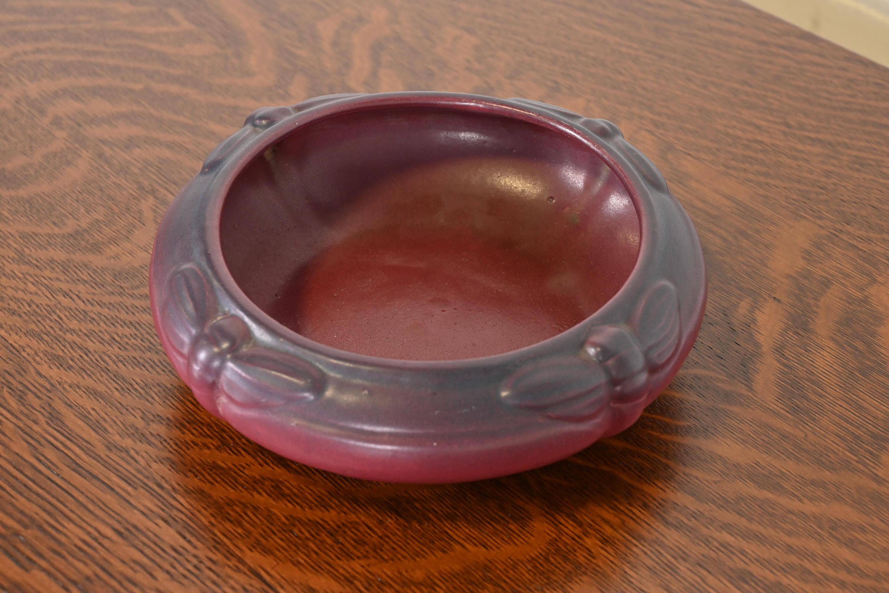 American Van Briggle Antique Arts & Crafts Dragonfly Mulberry Glazed Ceramic Bowl For Sale