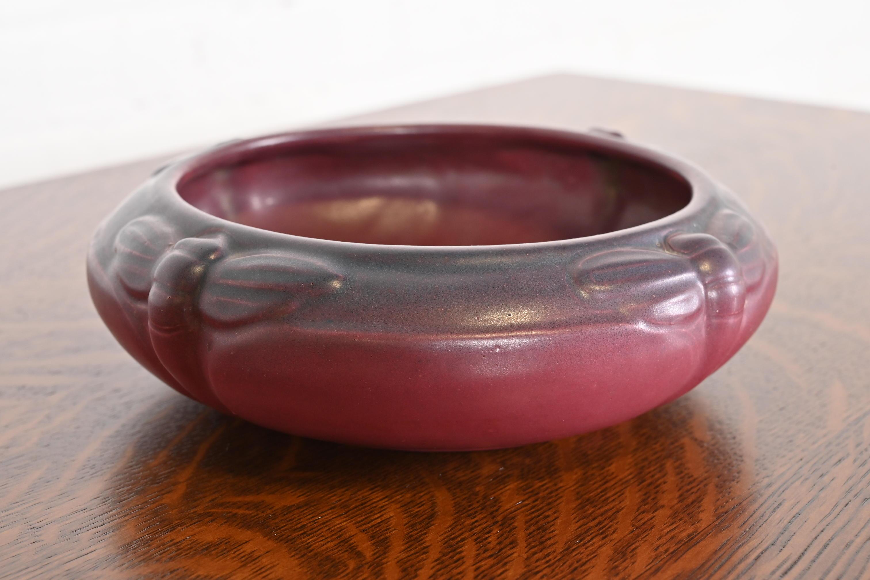 Van Briggle Antique Arts & Crafts Dragonfly Mulberry Glazed Ceramic Bowl For Sale 1
