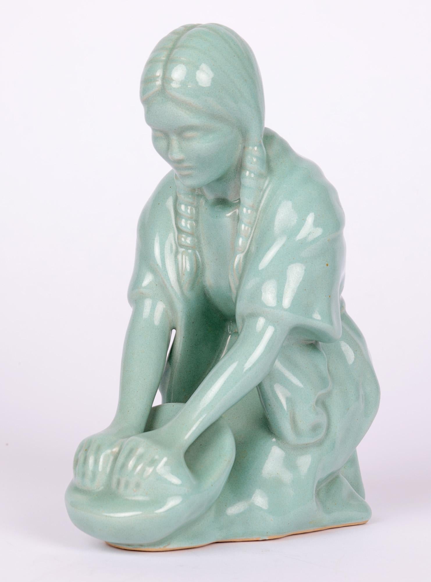 Van Briggle Art Deco Celadon Glazed North American Native Figurine For Sale 4