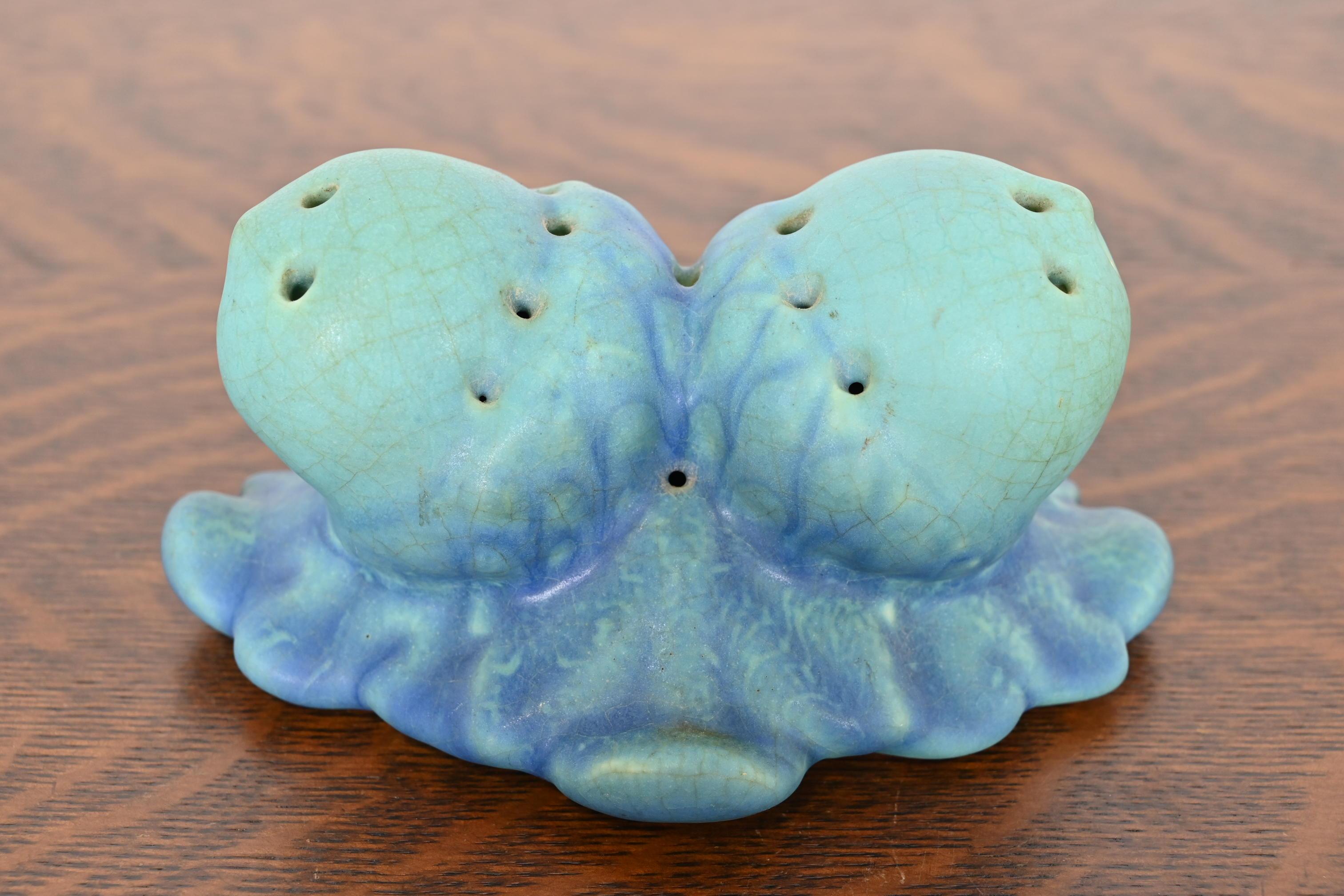 Arts and Crafts Van Briggle Arts & Crafts Acorn Blue and Turquoise Glazed Ceramic Flower Frog