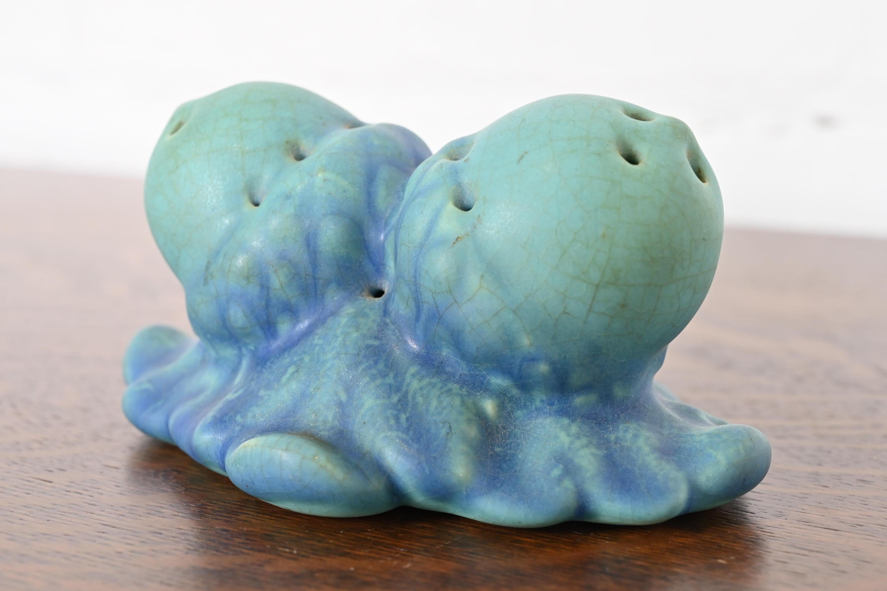 American Van Briggle Arts & Crafts Acorn Blue and Turquoise Glazed Ceramic Flower Frog