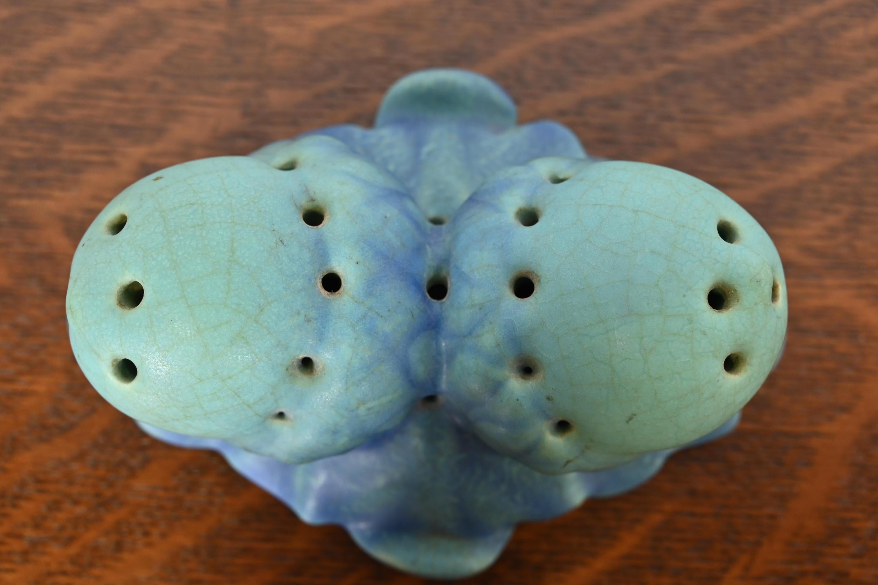 20th Century Van Briggle Arts & Crafts Acorn Blue and Turquoise Glazed Ceramic Flower Frog
