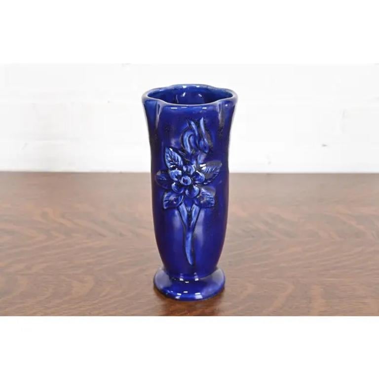 Arts and Crafts Van Briggle Arts & Crafts Ming Blue Glazed Ceramic Vase With Floral Motif For Sale