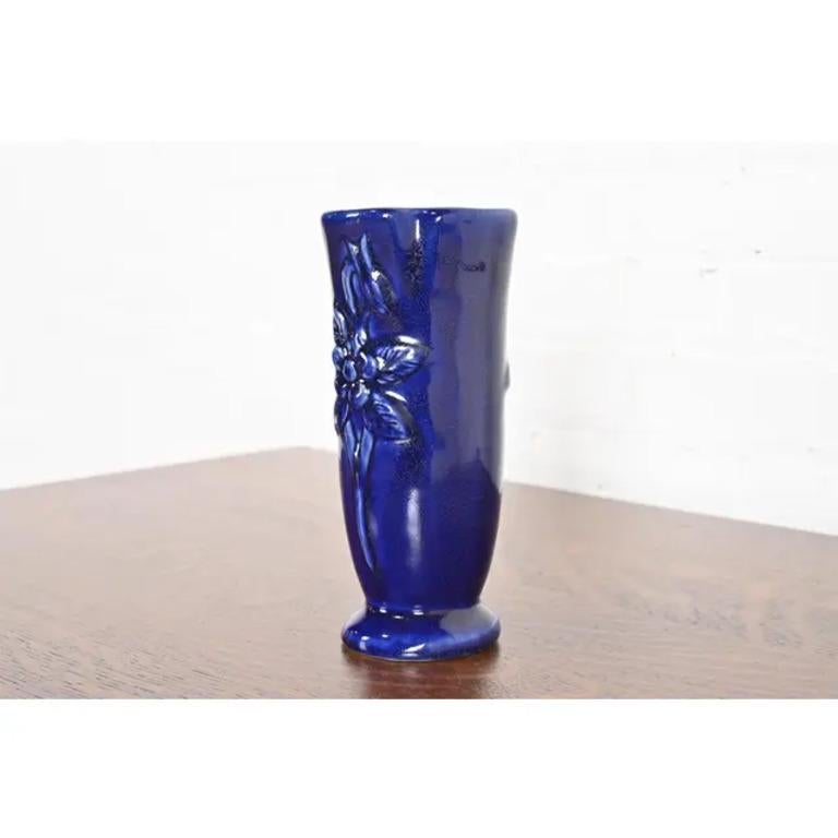 American Van Briggle Arts & Crafts Ming Blue Glazed Ceramic Vase With Floral Motif For Sale