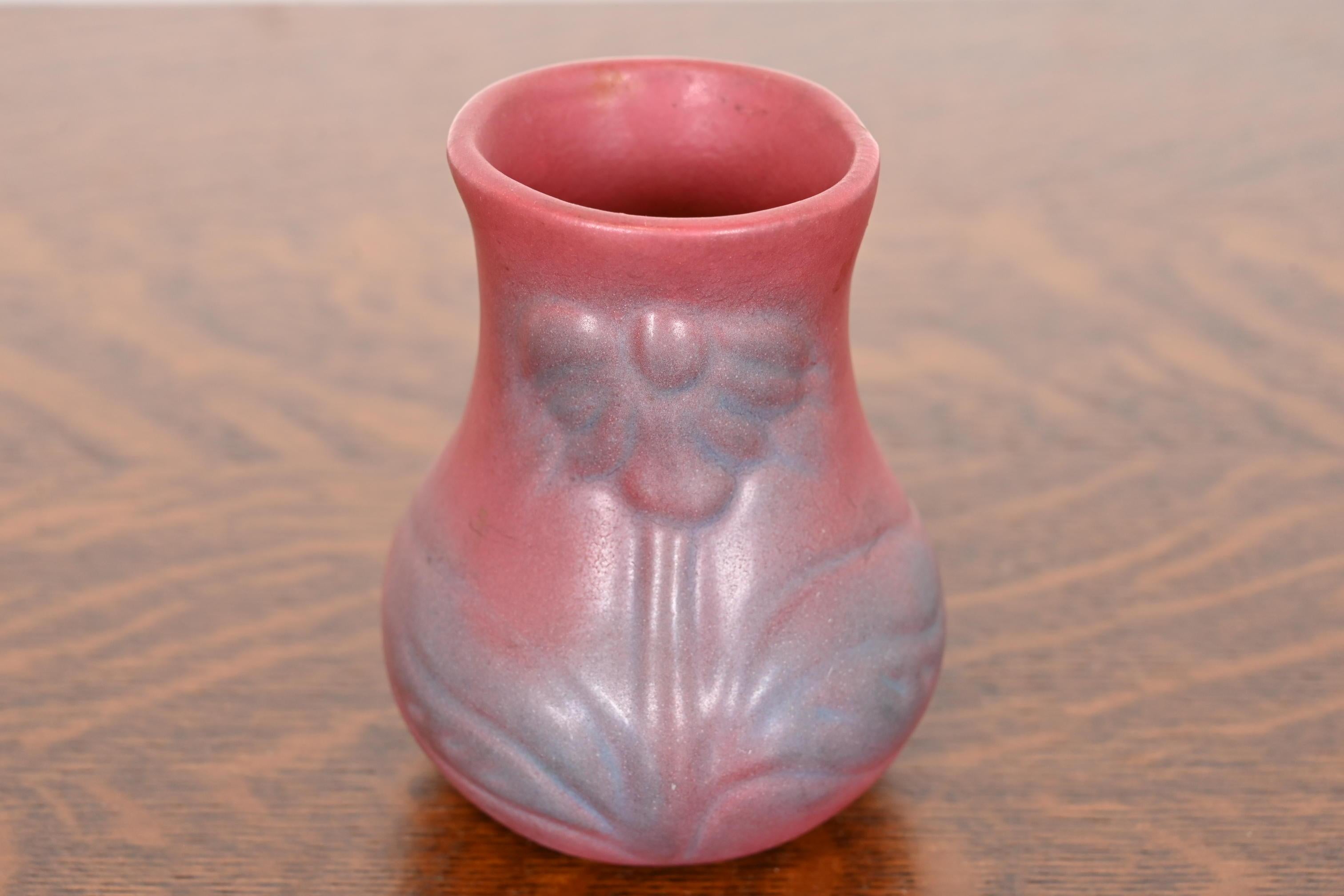 Arts and Crafts Van Briggle Arts & Crafts Pink Lavender Glazed Ceramic Vase With Floral Motif