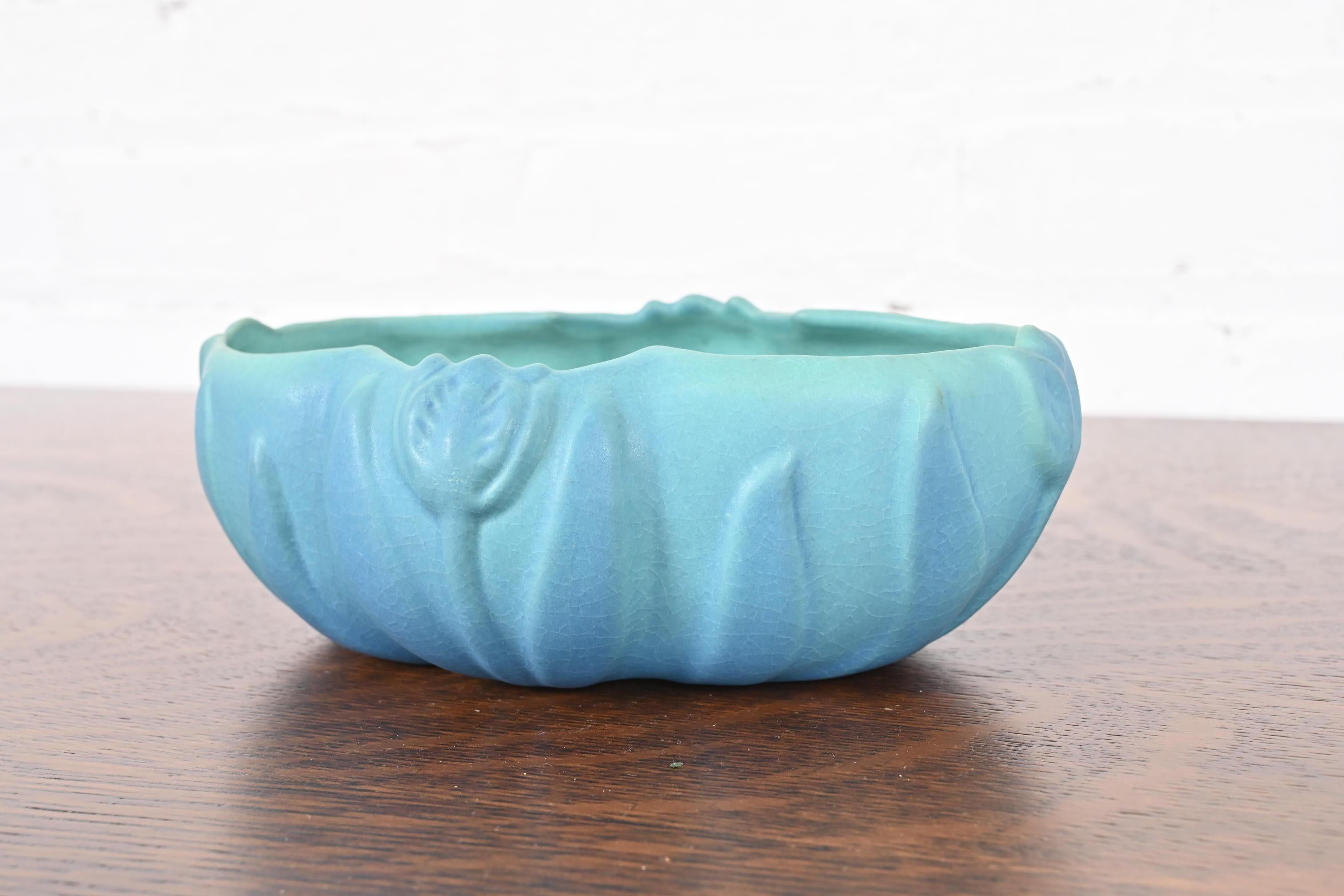 American Van Briggle Arts & Crafts Turquoise Glazed Ceramic Bowl With Tulip Motif For Sale