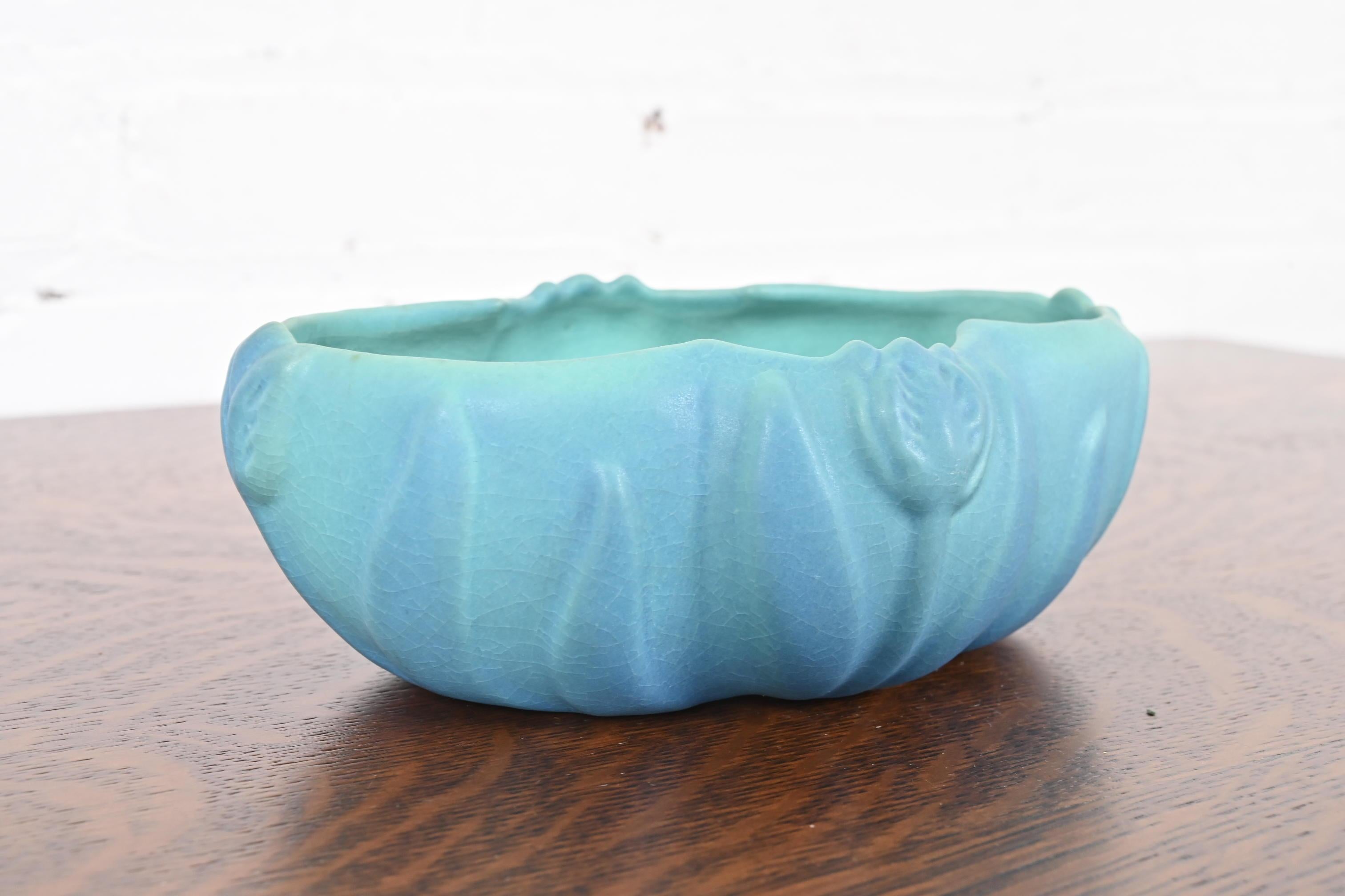 20th Century Van Briggle Arts & Crafts Turquoise Glazed Ceramic Bowl With Tulip Motif For Sale