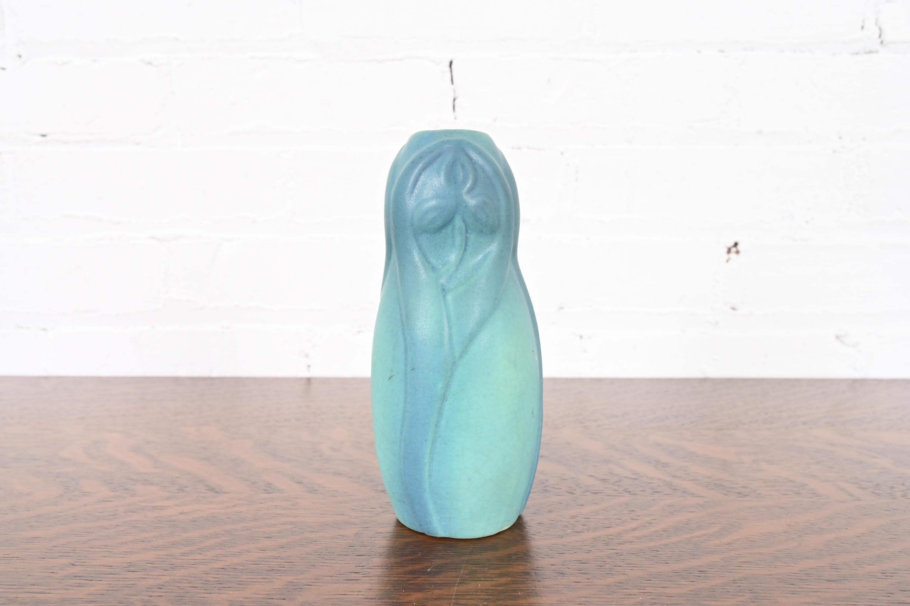 Arts and Crafts Van Briggle Arts & Crafts Turquoise Glazed Ceramic Vase With Floral Motif For Sale