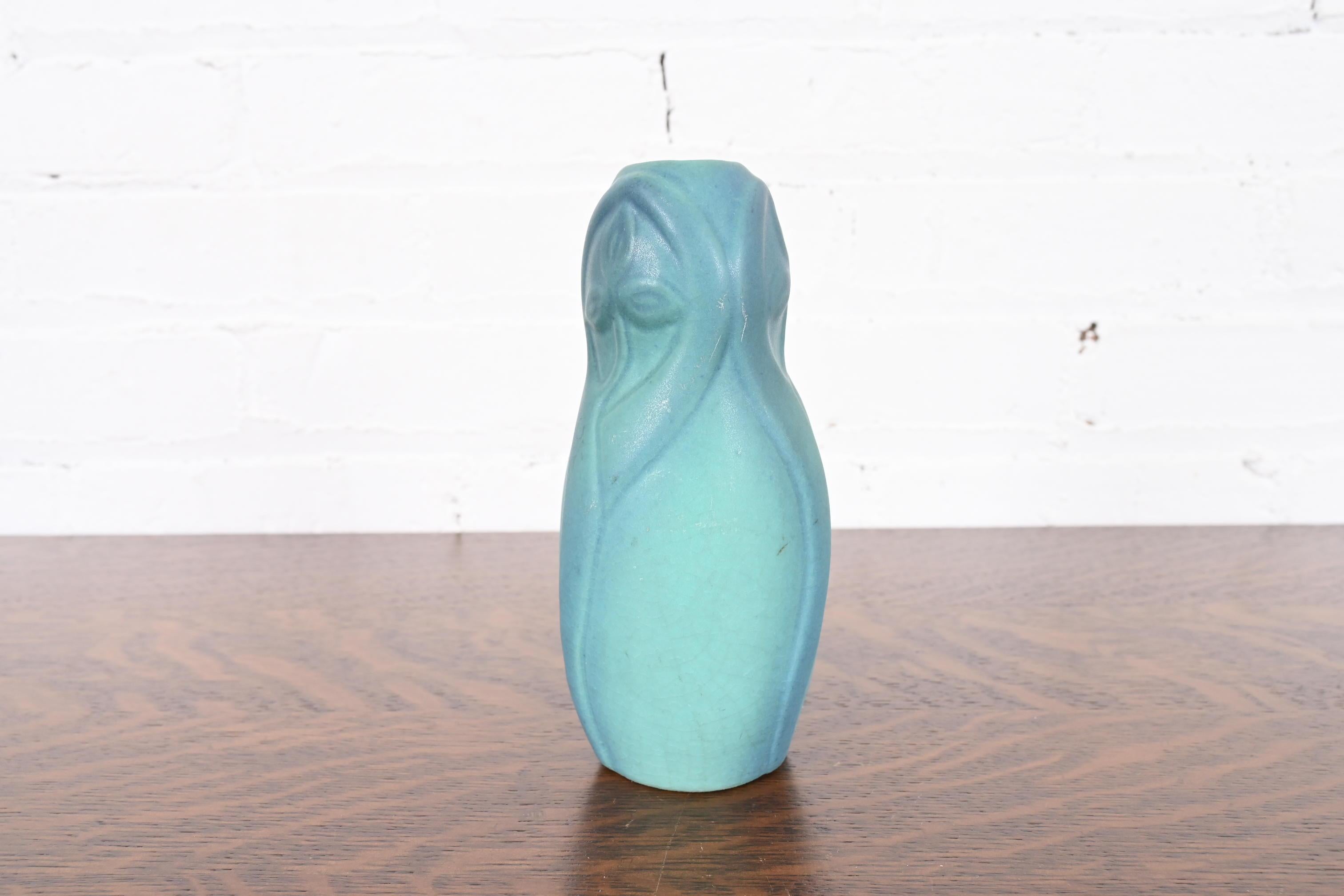 Van Briggle Arts & Crafts Turquoise Glazed Ceramic Vase With Floral Motif In Good Condition For Sale In South Bend, IN