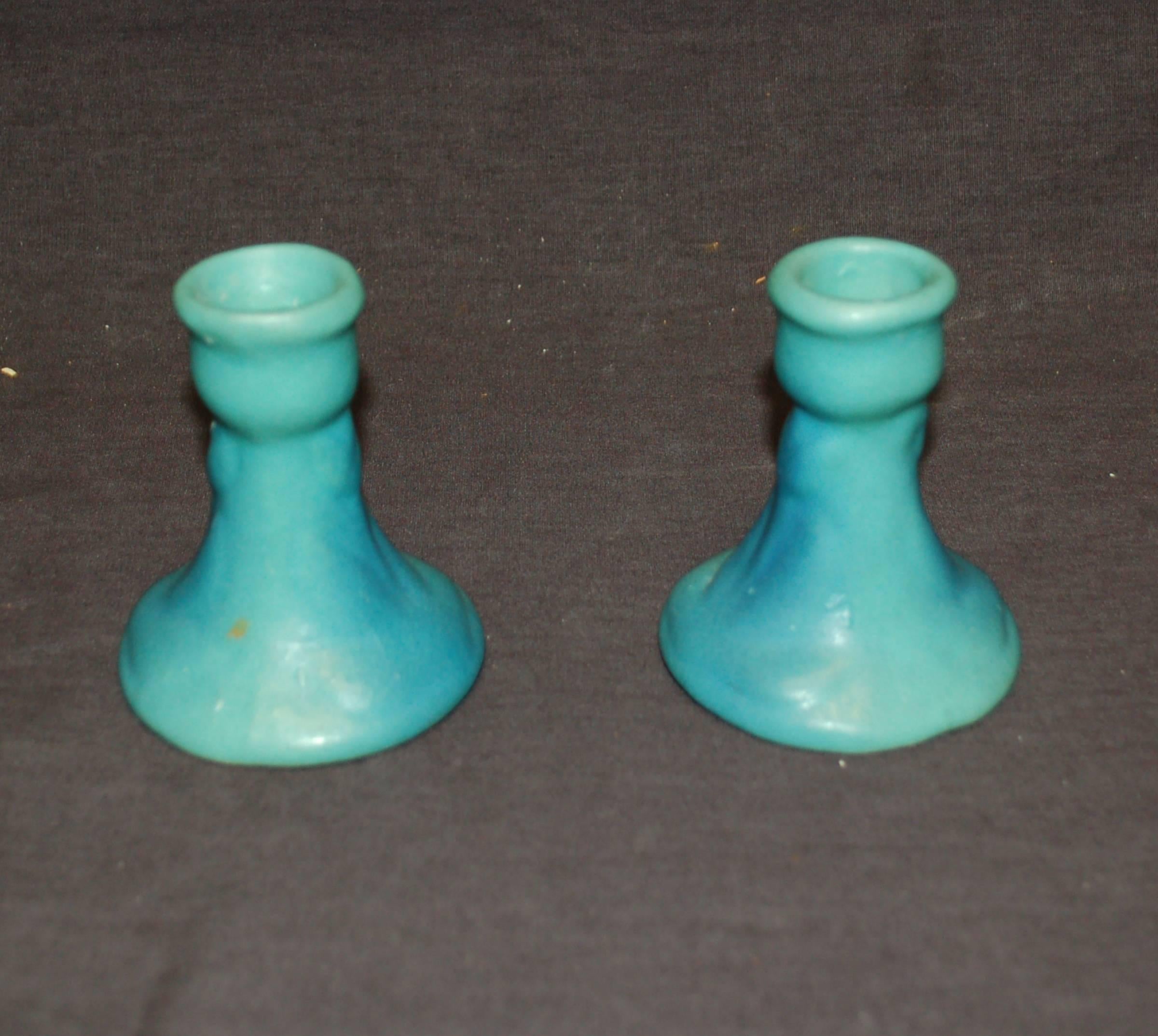 Pair of Blue/Green Candle Holders - Art by Van Briggle