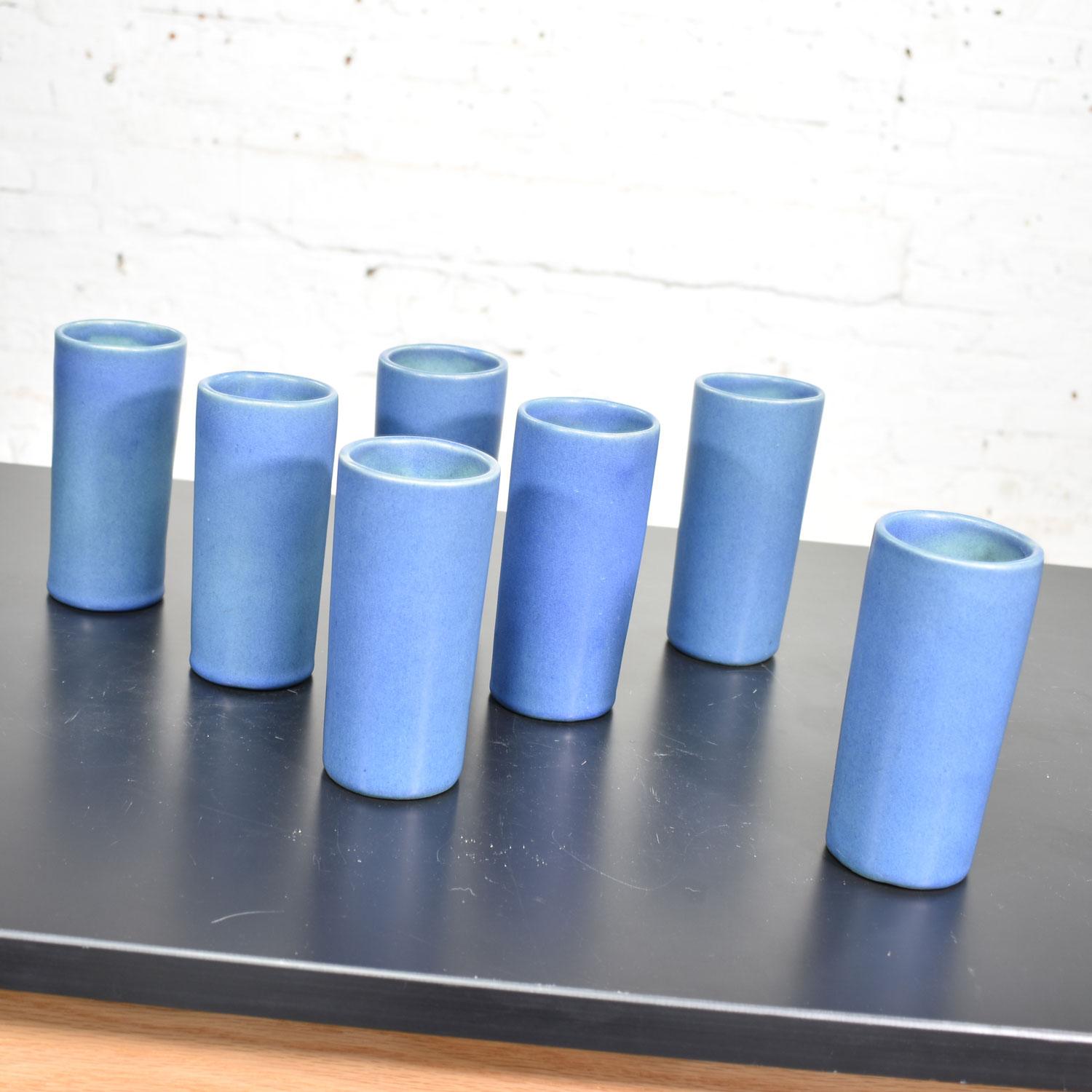 American Van Briggle Pottery Dark Blue Cylindrical Tumblers Set of Seven or Vases