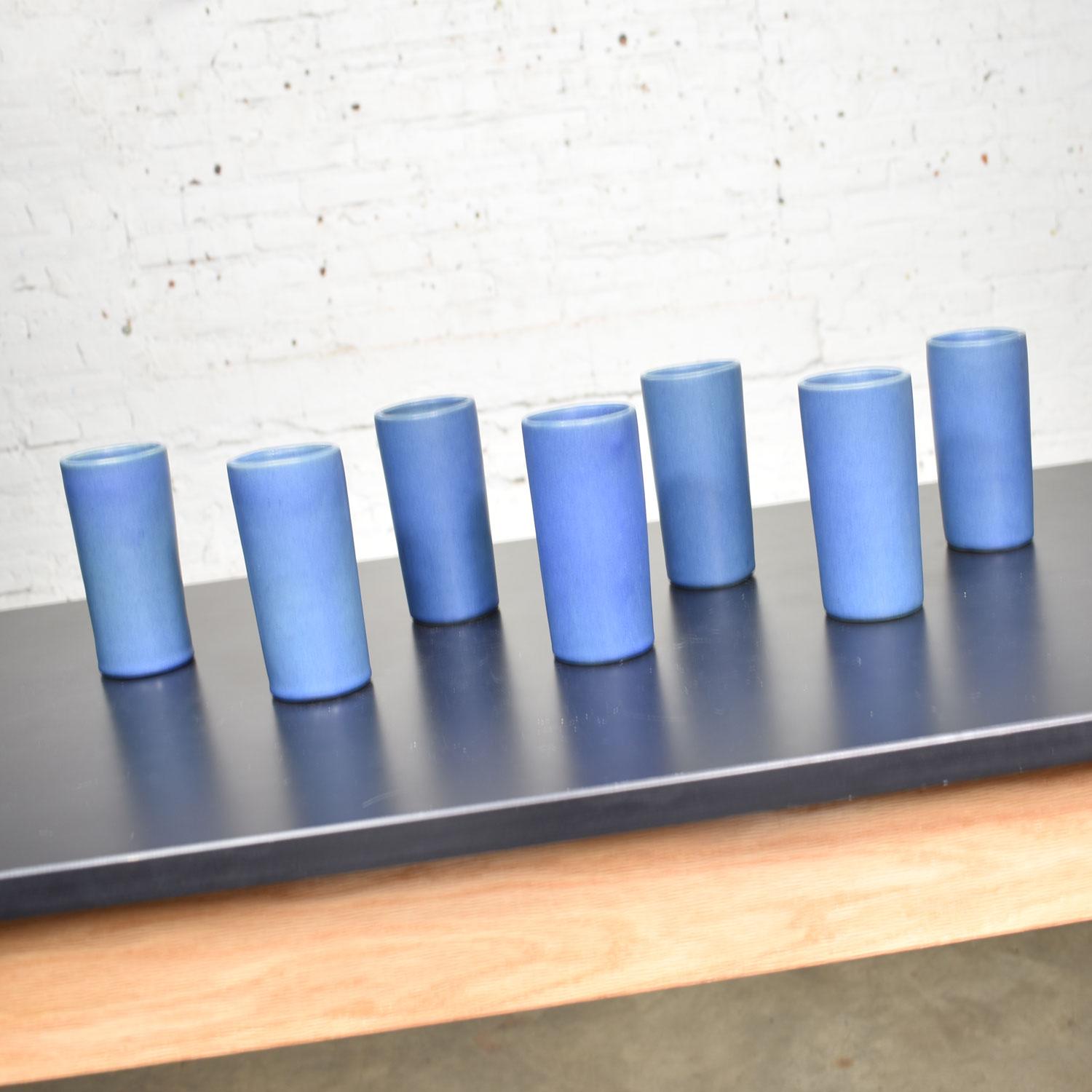 Glazed Van Briggle Pottery Dark Blue Cylindrical Tumblers Set of Seven or Vases